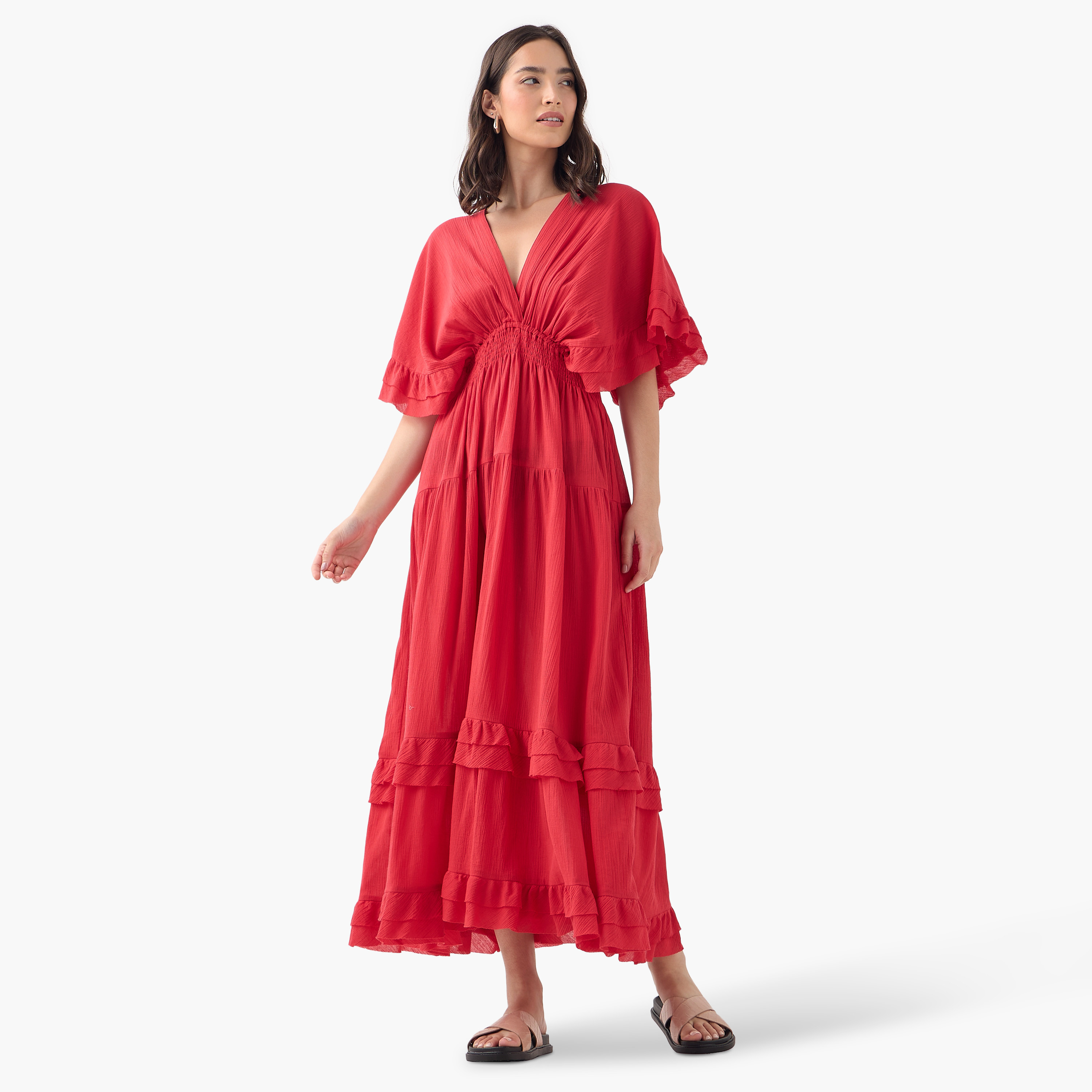 فستان قطن طويل بياقة V وأكمام قصيرة وتفاصيل كشكش ودرزات-women-clothing-dresses-image-1