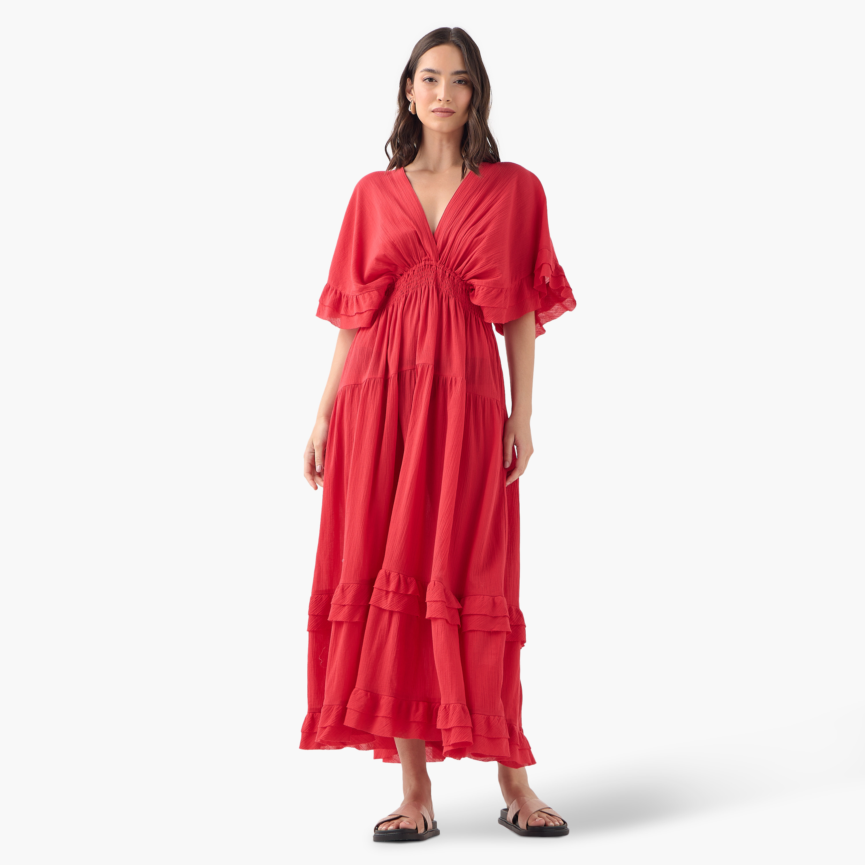 فستان قطن طويل بياقة V وأكمام قصيرة وتفاصيل كشكش ودرزات-women-clothing-dresses-image-2