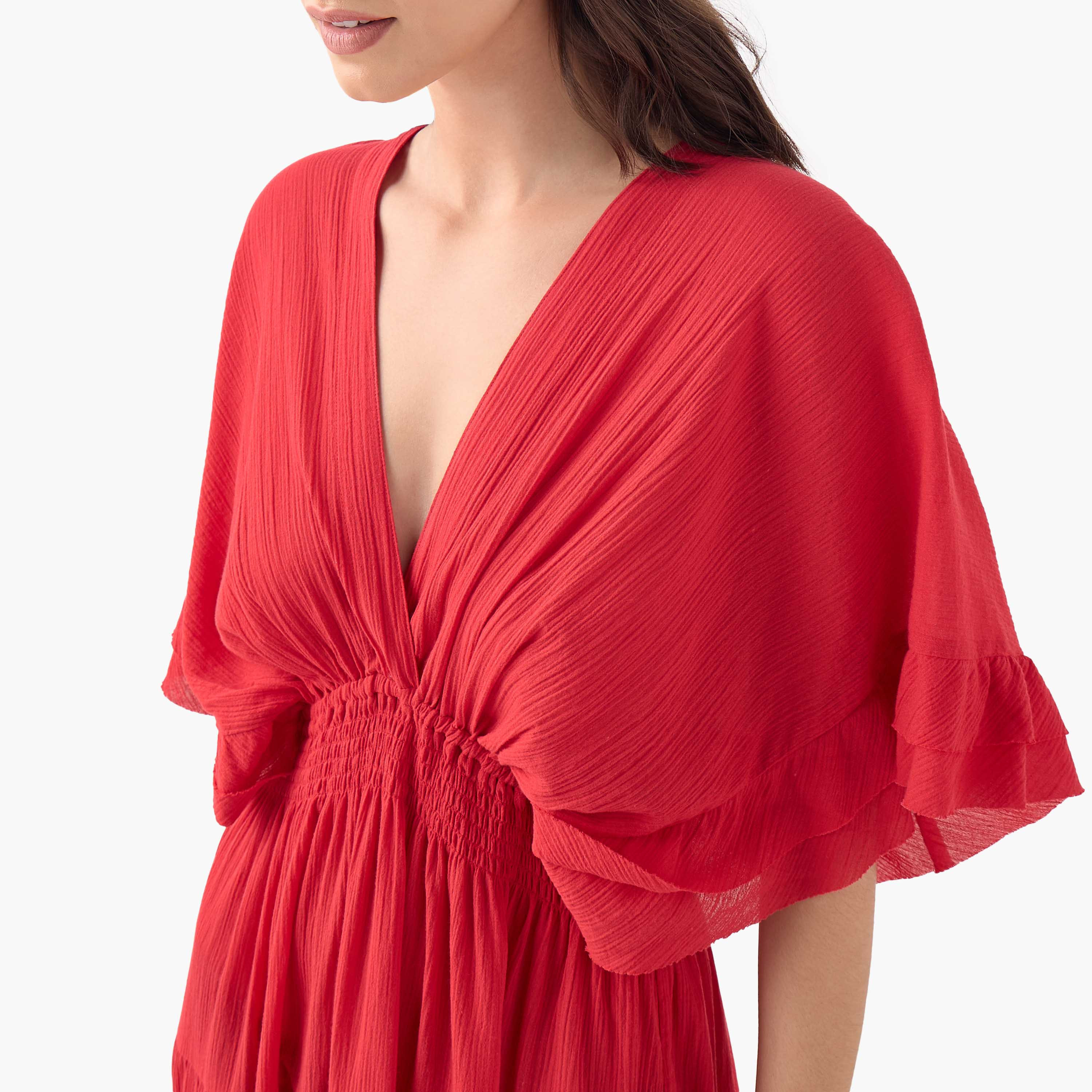 فستان قطن طويل بياقة V وأكمام قصيرة وتفاصيل كشكش ودرزات-women-clothing-dresses-image-4