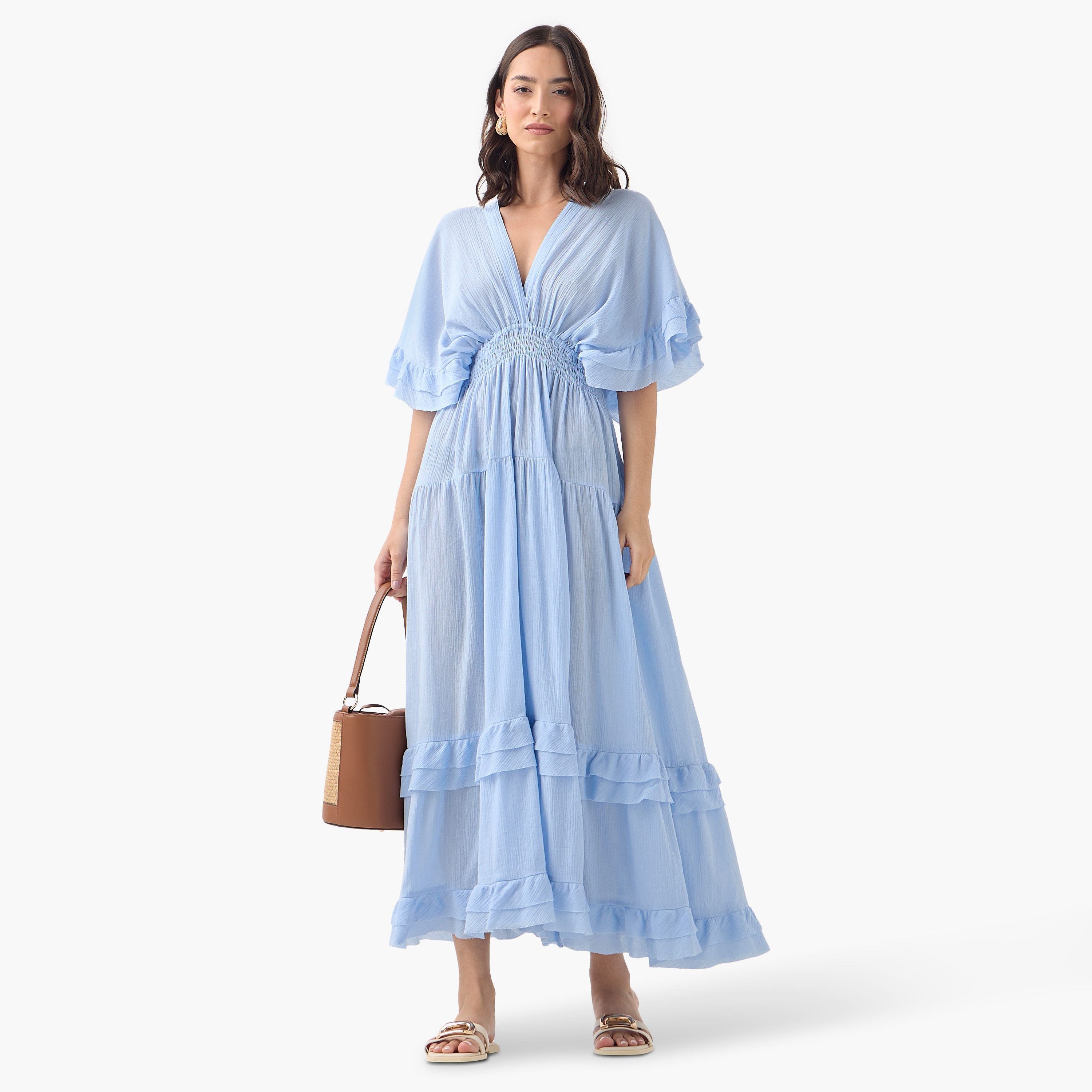 فستان قطن طويل بياقة V وأكمام قصيرة وتفاصيل كشكش ودرزات-women-clothing-dresses-image-1