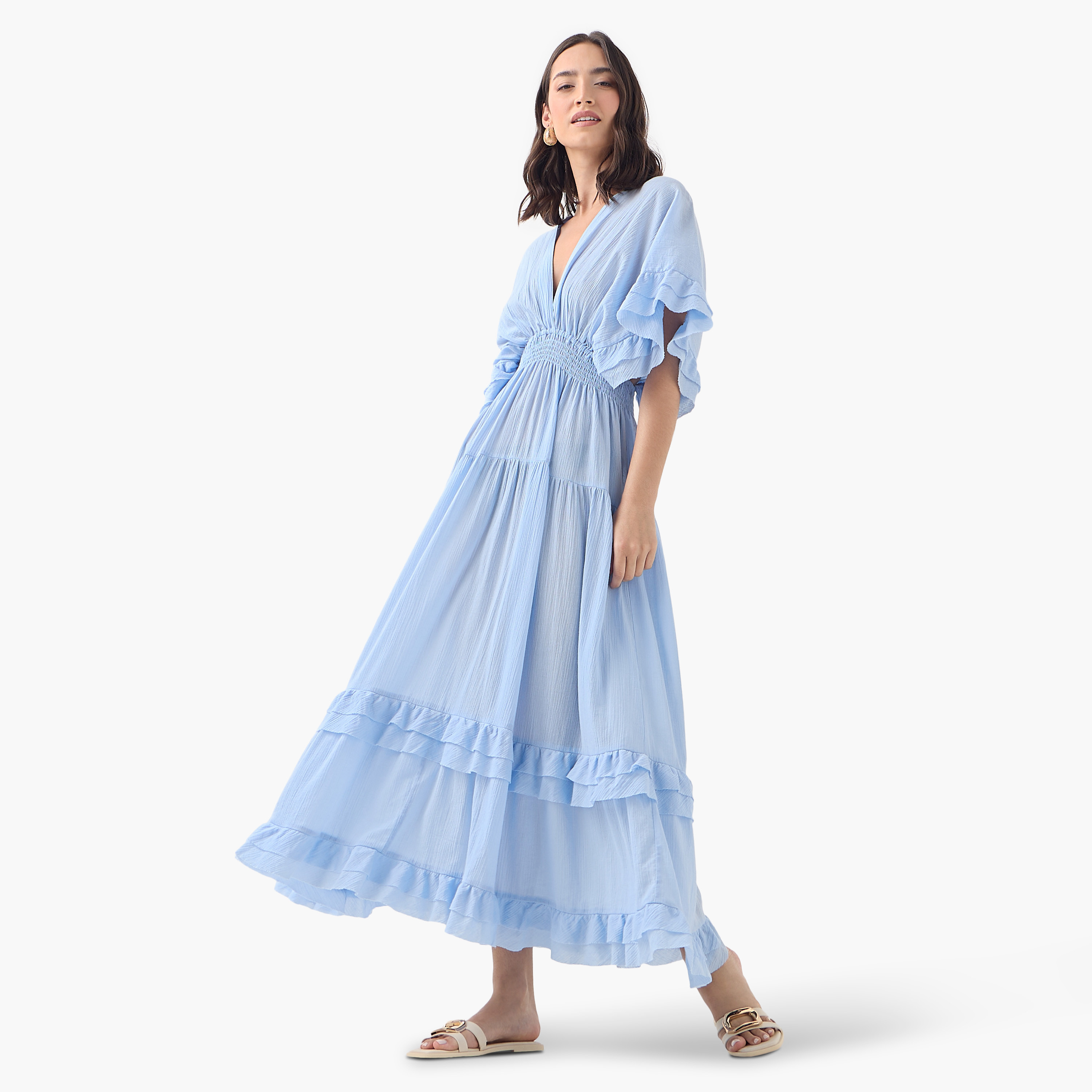 فستان قطن طويل بياقة V وأكمام قصيرة وتفاصيل كشكش ودرزات-women-clothing-dresses-image-2