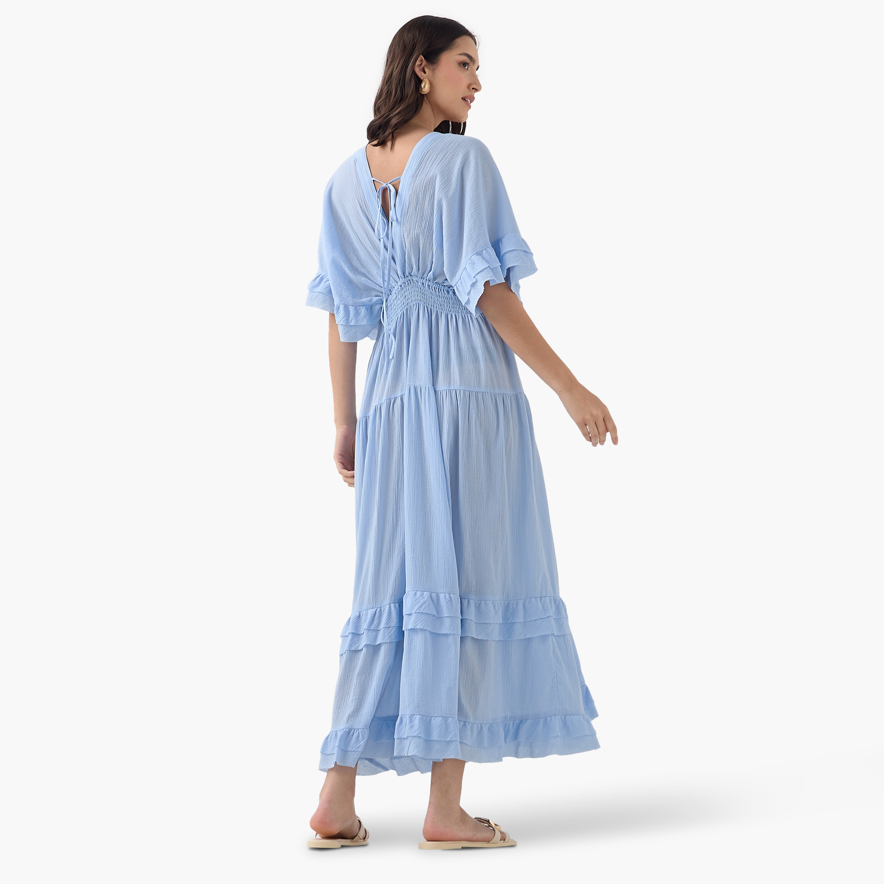 فستان قطن طويل بياقة V وأكمام قصيرة وتفاصيل كشكش ودرزات-women-clothing-dresses-image-3