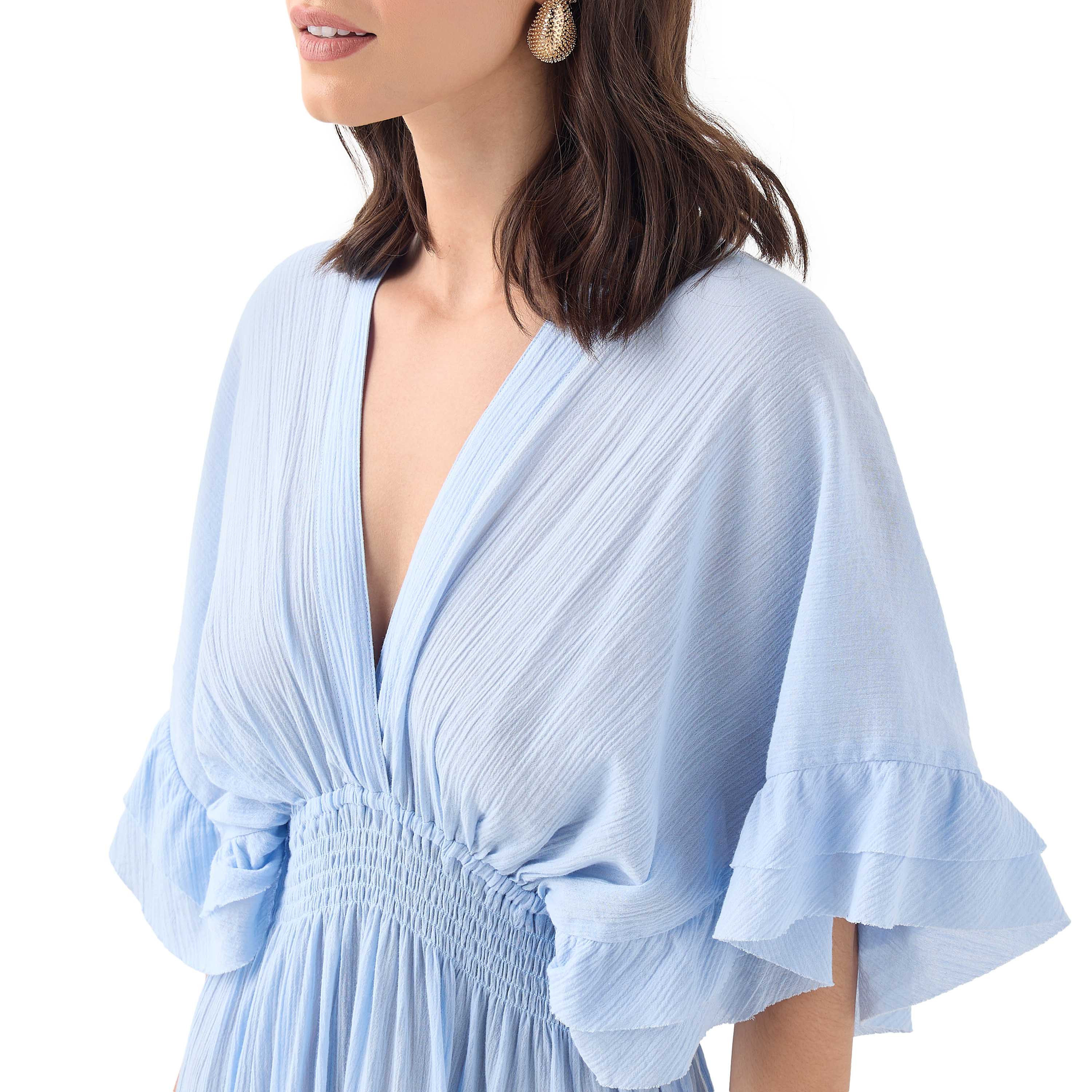 فستان قطن طويل بياقة V وأكمام قصيرة وتفاصيل كشكش ودرزات-women-clothing-dresses-image-4