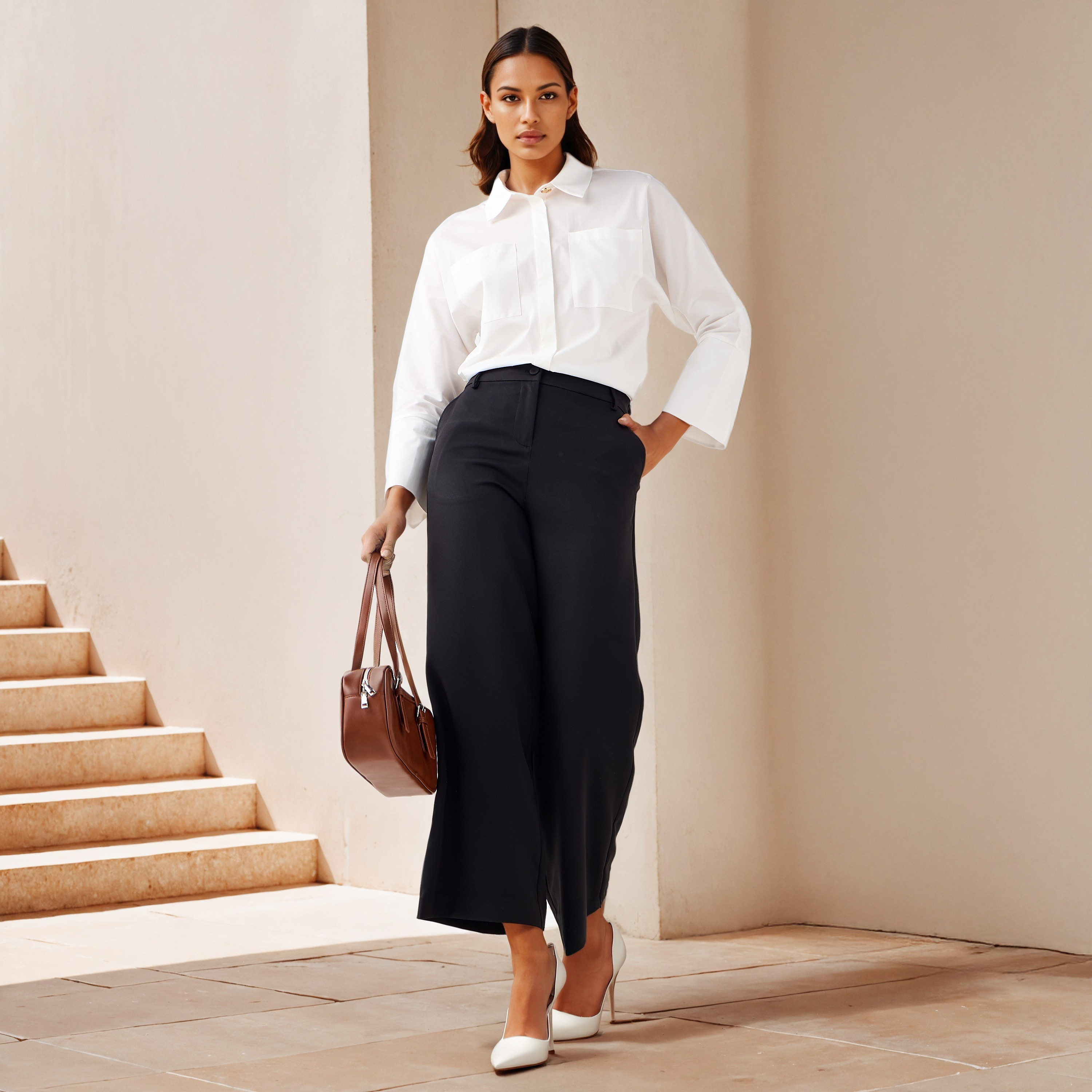Semi-Elasticated Waist Trousers with Pockets and Belt Loops-women-clothing-bottoms-trousers-image-2