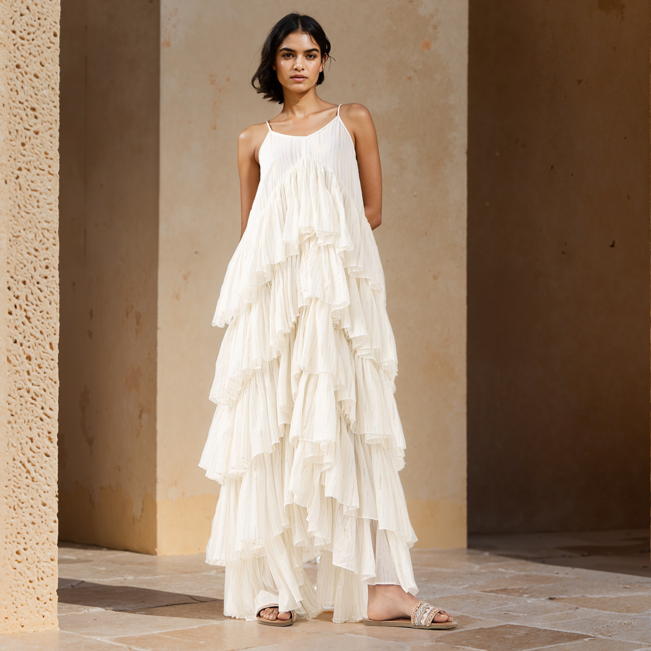 Lurex Detail Sleeveless Tiered Rara Cotton Dress-women-clothing-dresses-image-1
