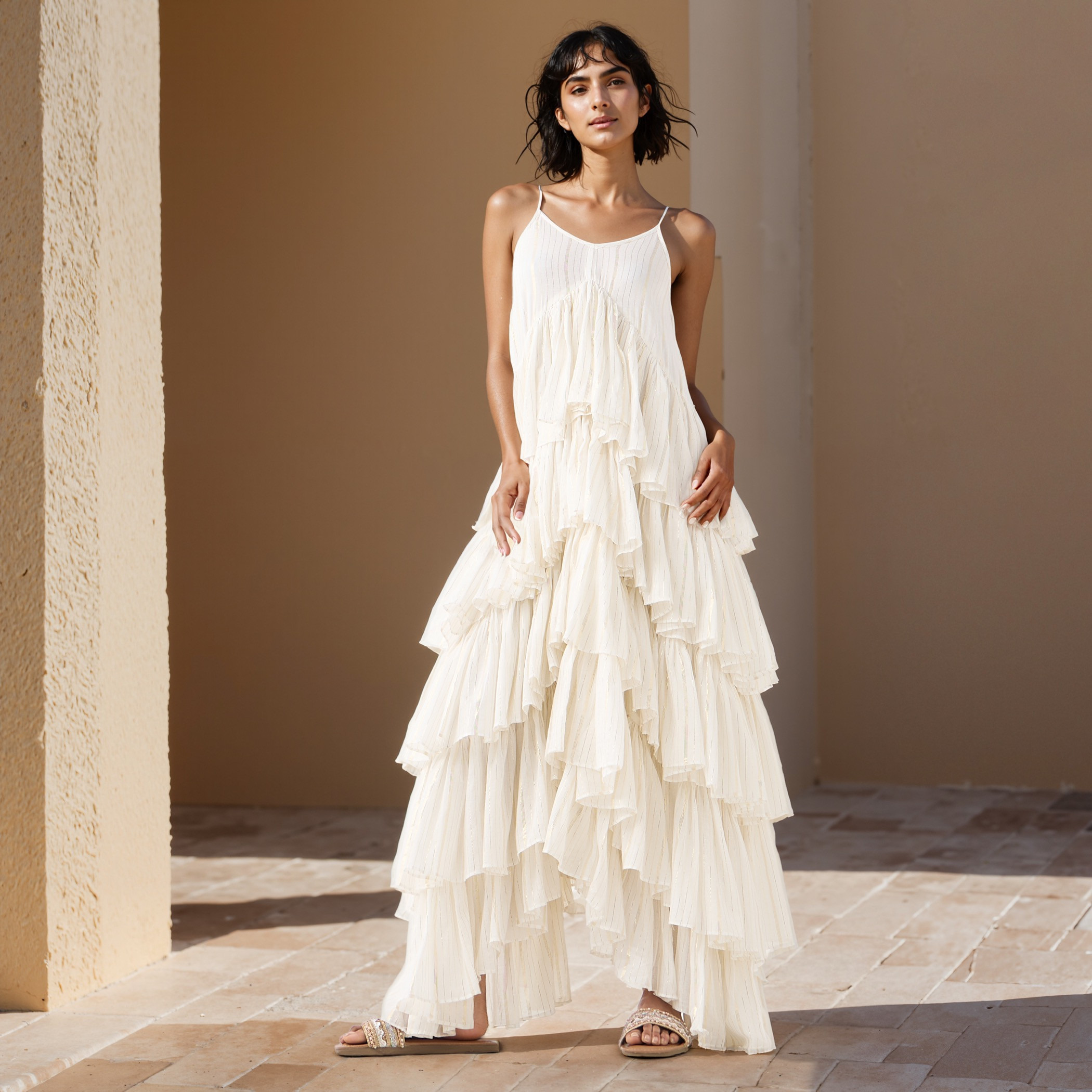 Lurex Detail Sleeveless Tiered Rara Cotton Dress-women-clothing-dresses-image-2