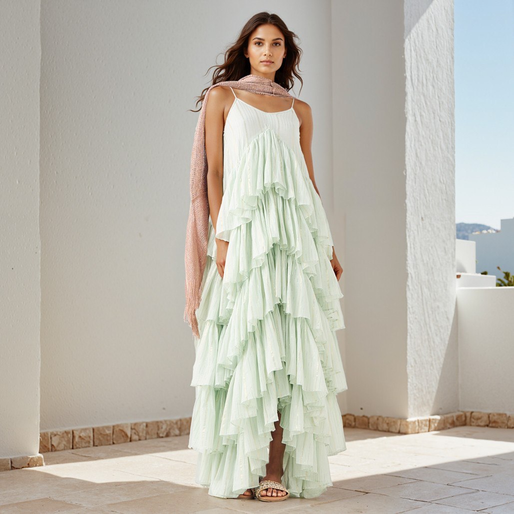 Lurex Detail Sleeveless Tiered Rara Cotton Dress-women-clothing-dresses-image-1