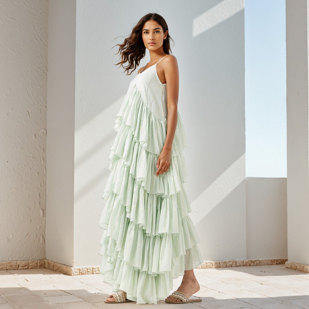 Lurex Detail Sleeveless Tiered Rara Cotton Dress-women-clothing-dresses-image-2