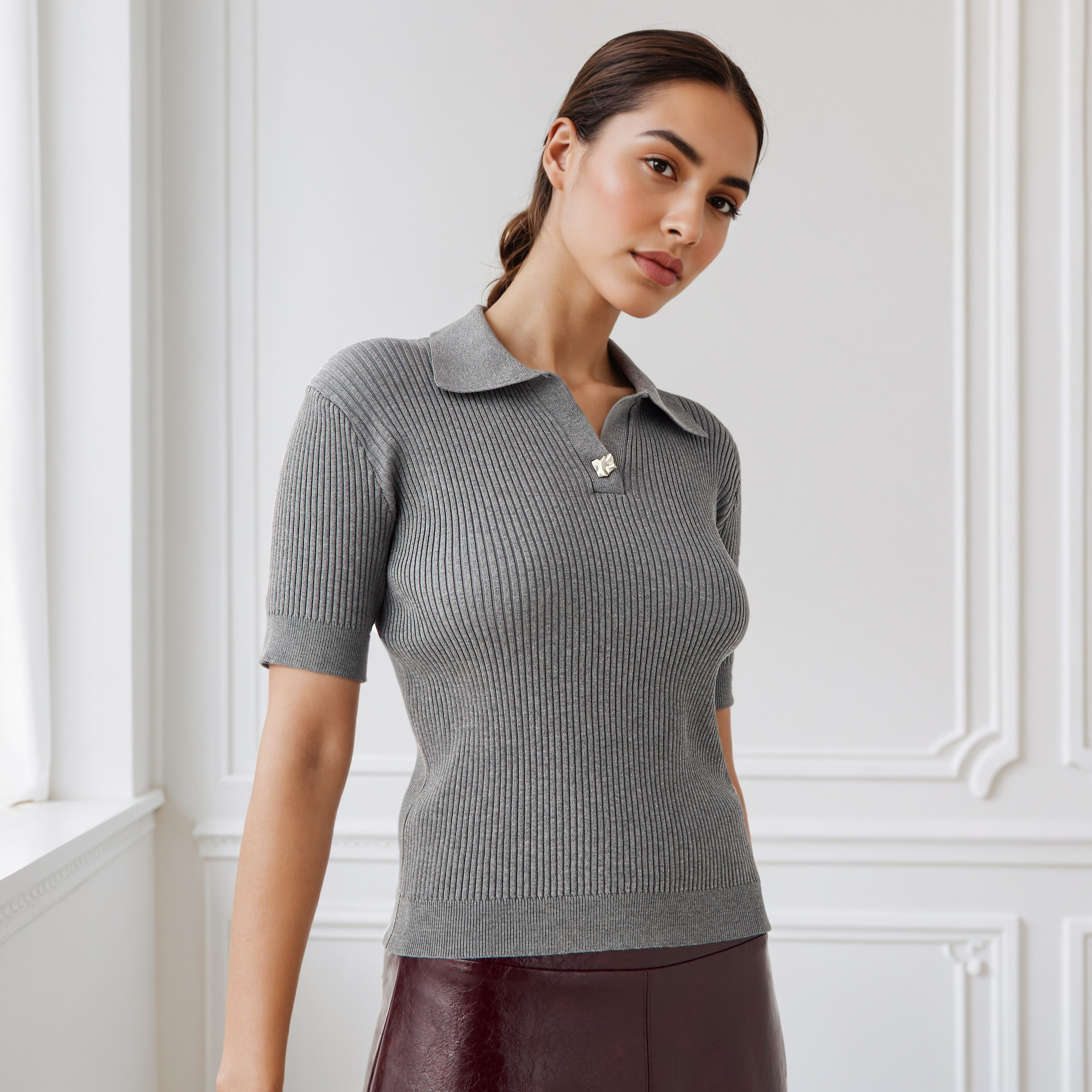 Ribbed Collared Polo T-shirt-women-clothing-tshirts-image-1