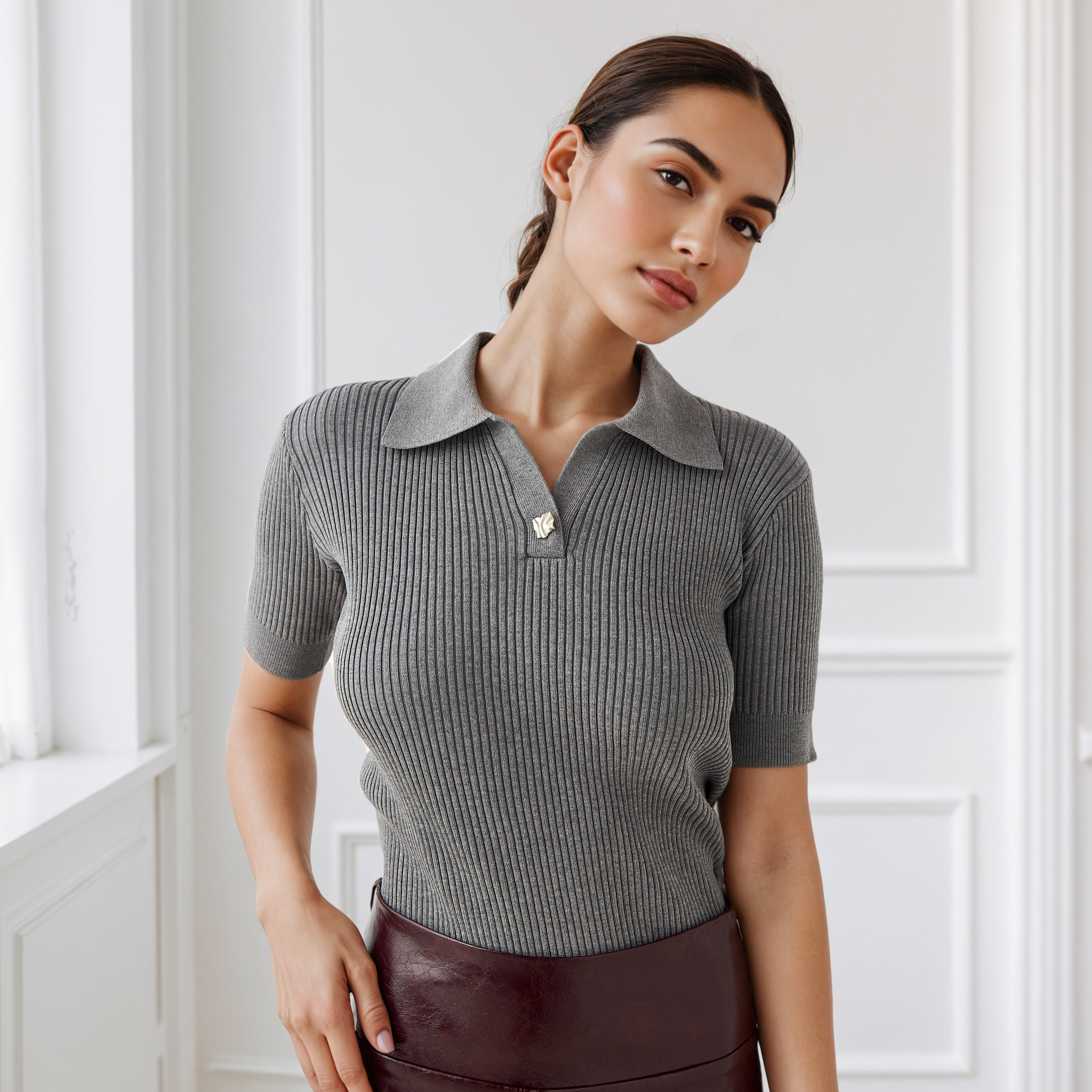 Ribbed Collared Polo T-shirt-women-clothing-tshirts-image-6