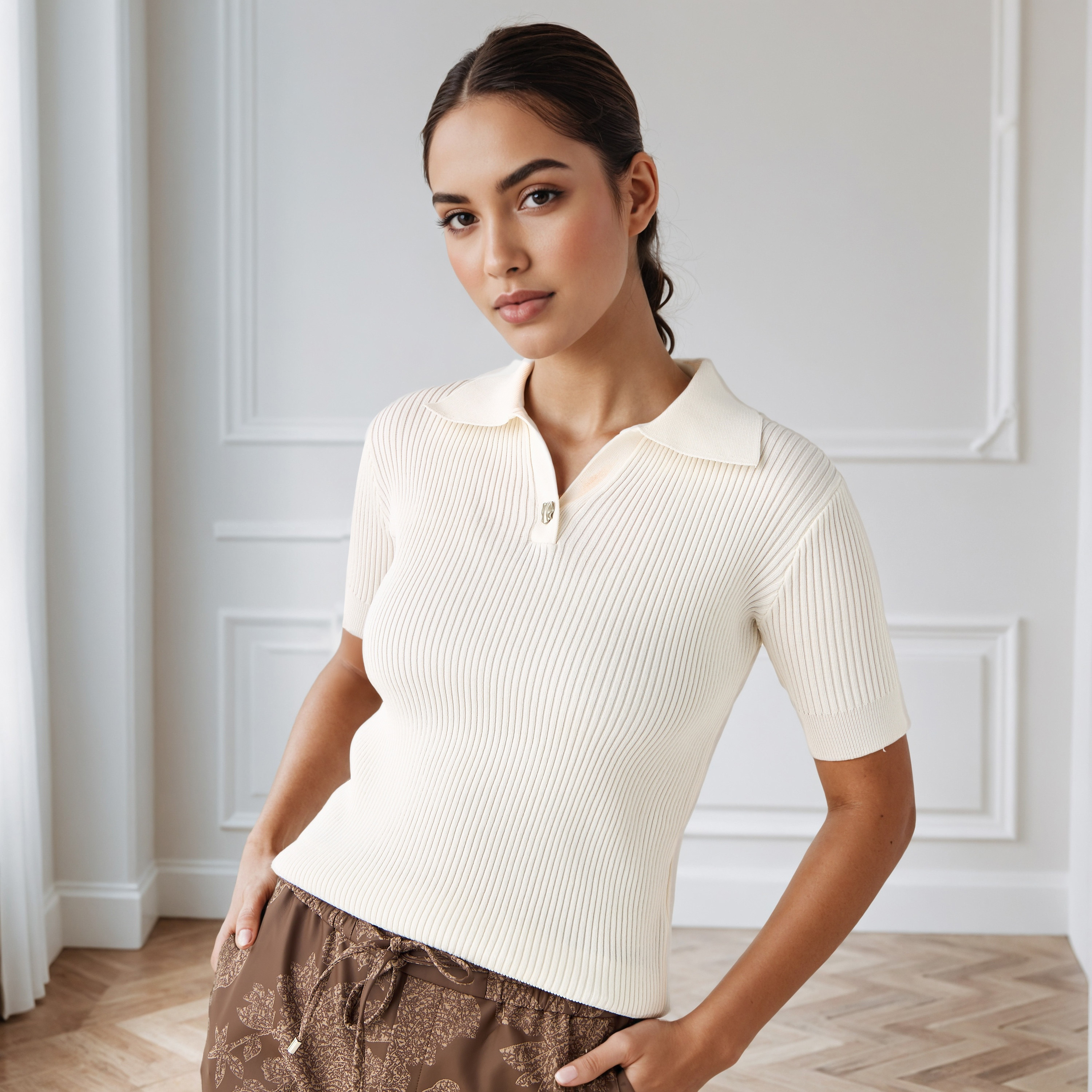 Ribbed Collared Polo T-shirt-women-clothing-tshirts-image-1