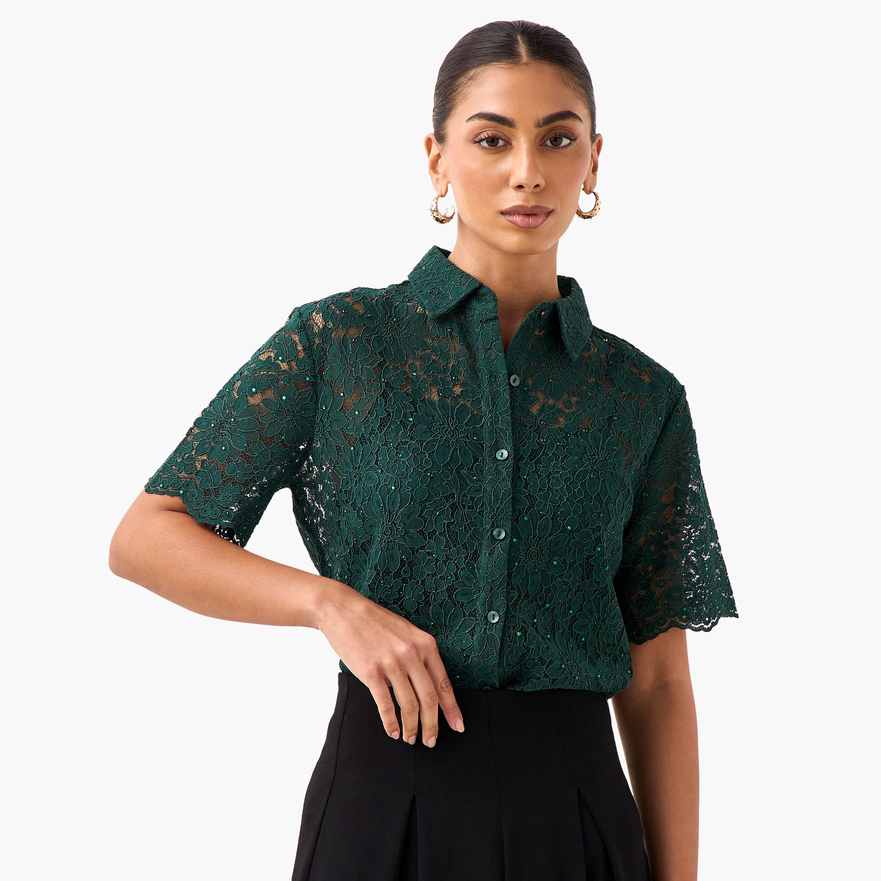 Regular Fit Lace Shirt with Collar-women-clothing-shirtsandblouses-shirts-image-1