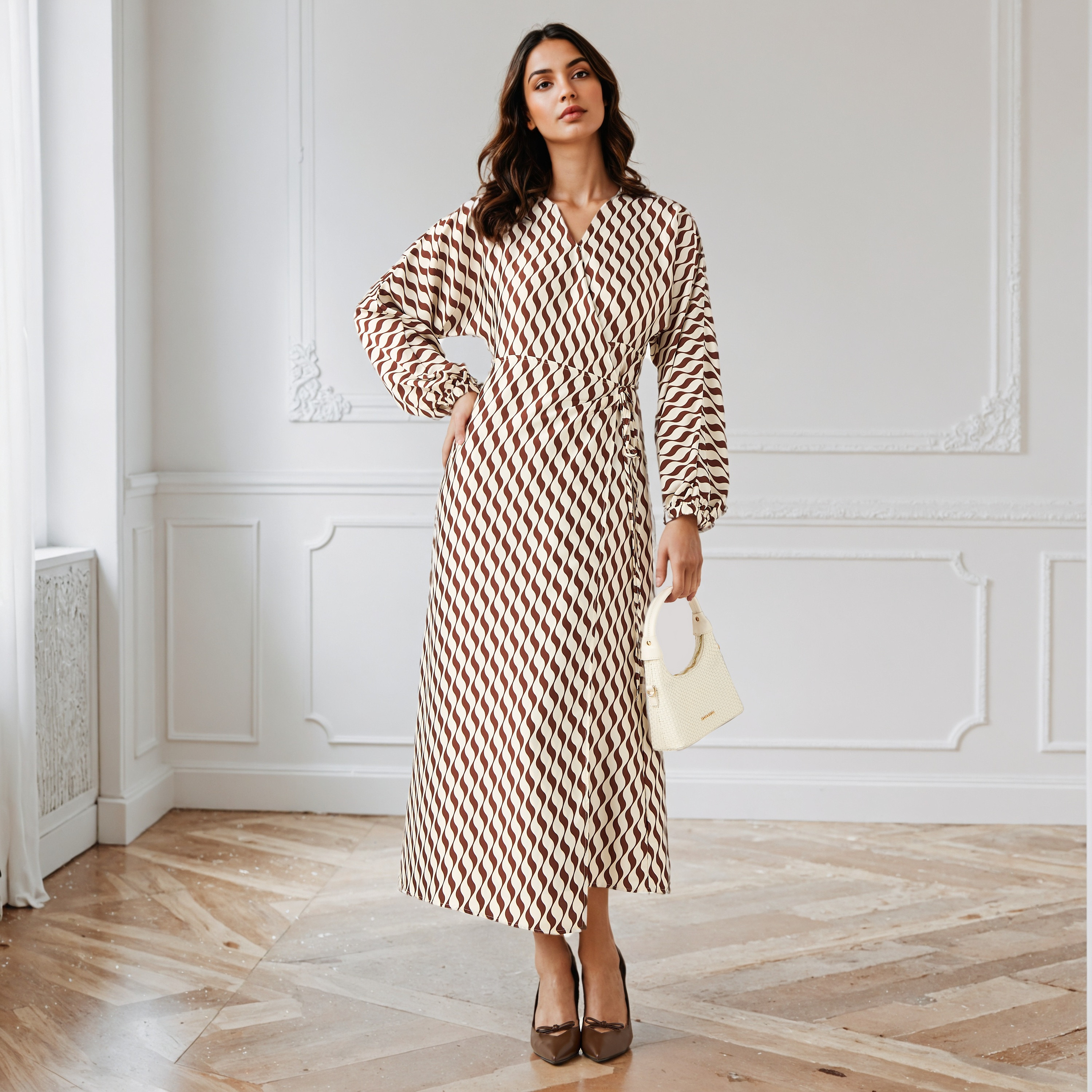 Printed V-neck Wrap Dress with Cinched Waist-women-clothing-dresses-image-1