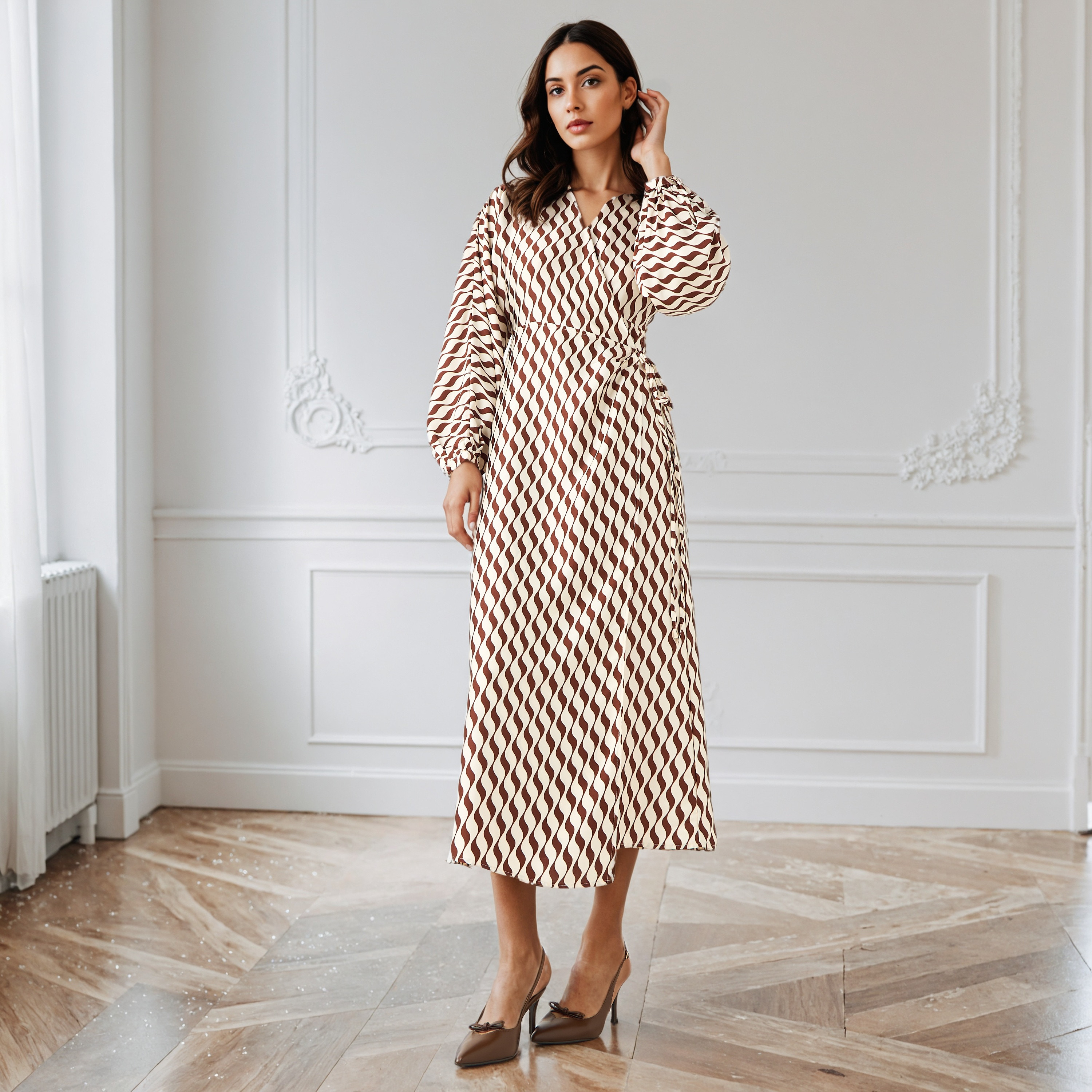 Printed V-neck Wrap Dress with Cinched Waist-women-clothing-dresses-image-2