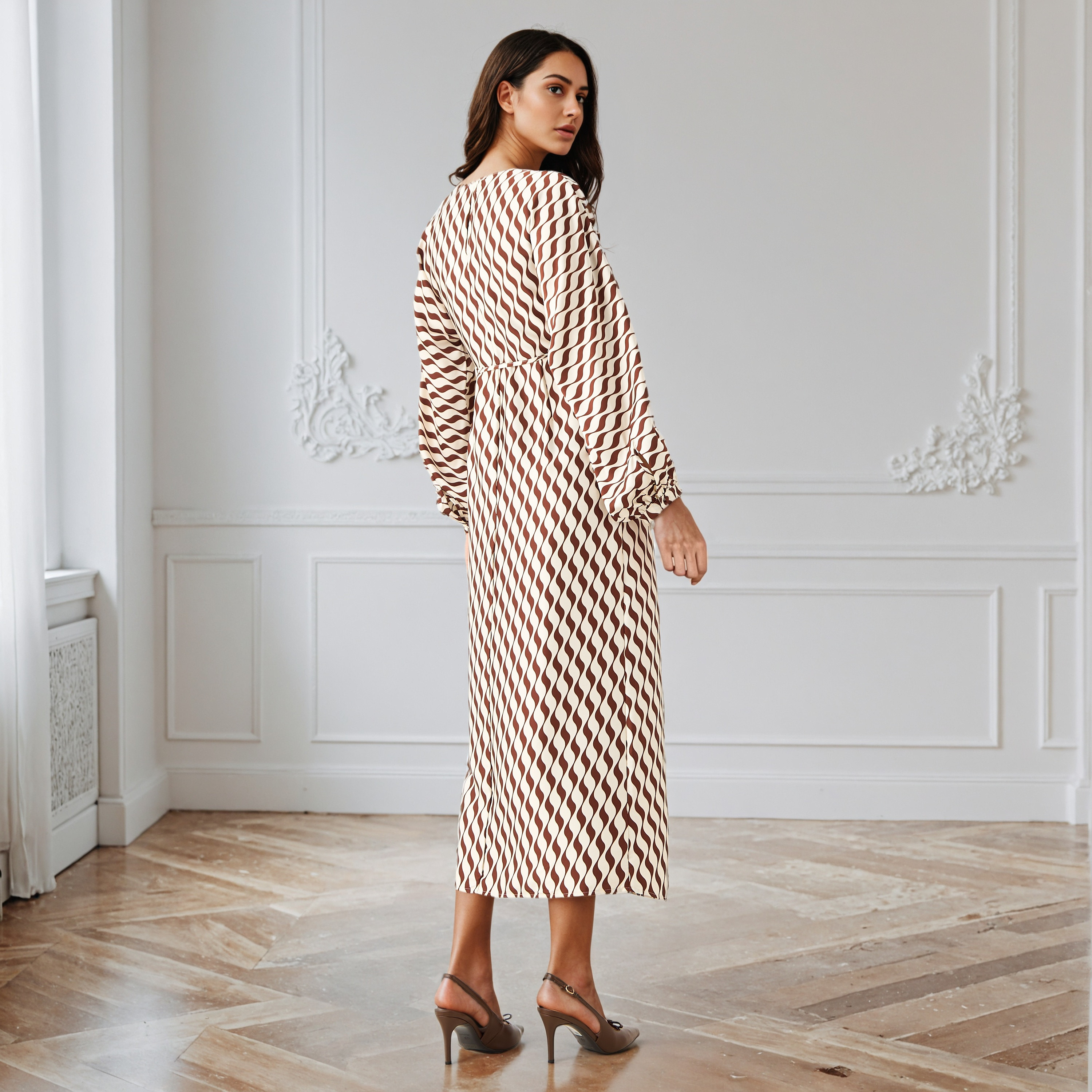 Printed V-neck Wrap Dress with Cinched Waist-women-clothing-dresses-image-3