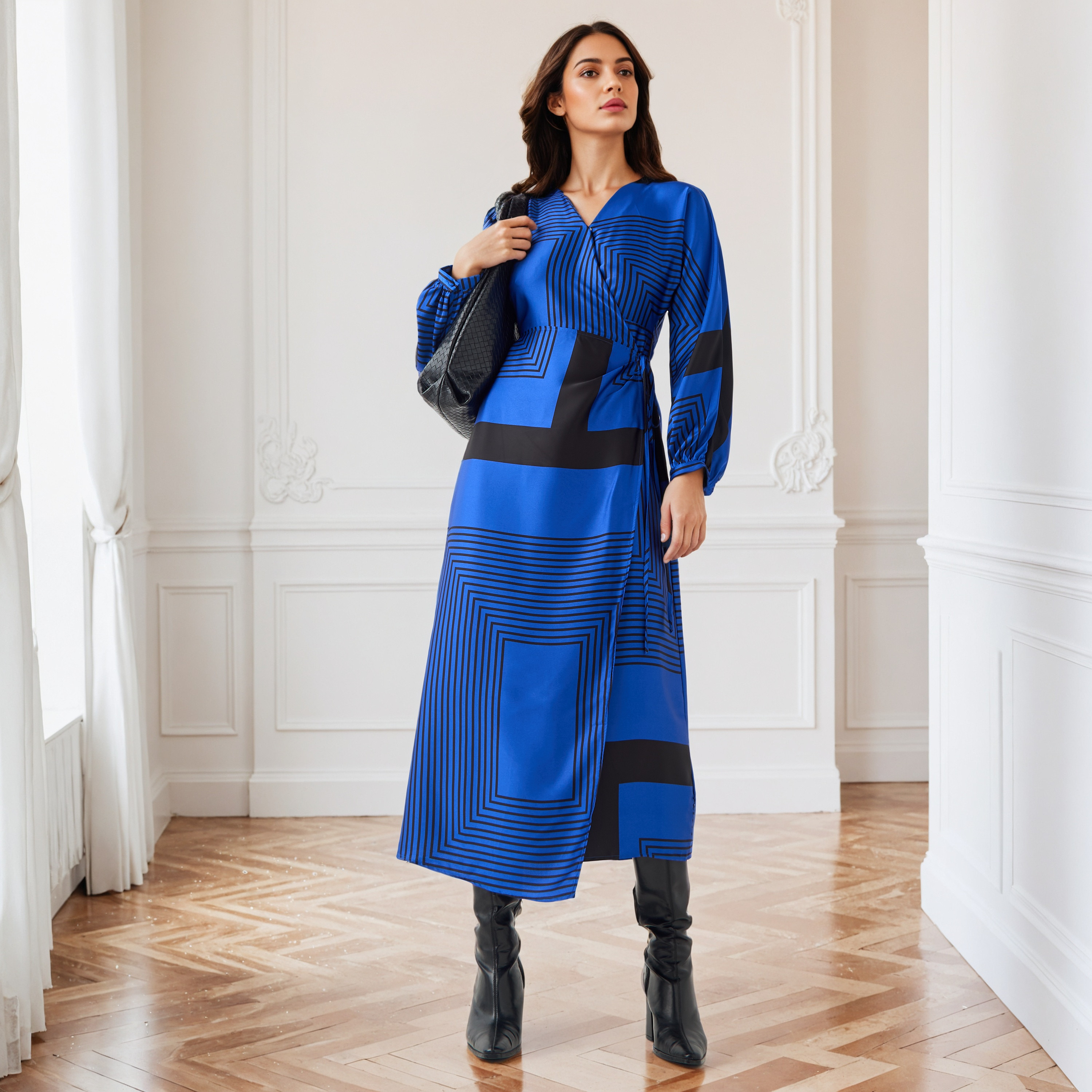 Printed V-neck Wrap Dress with Cinched Waist-women-clothing-dresses-image-1