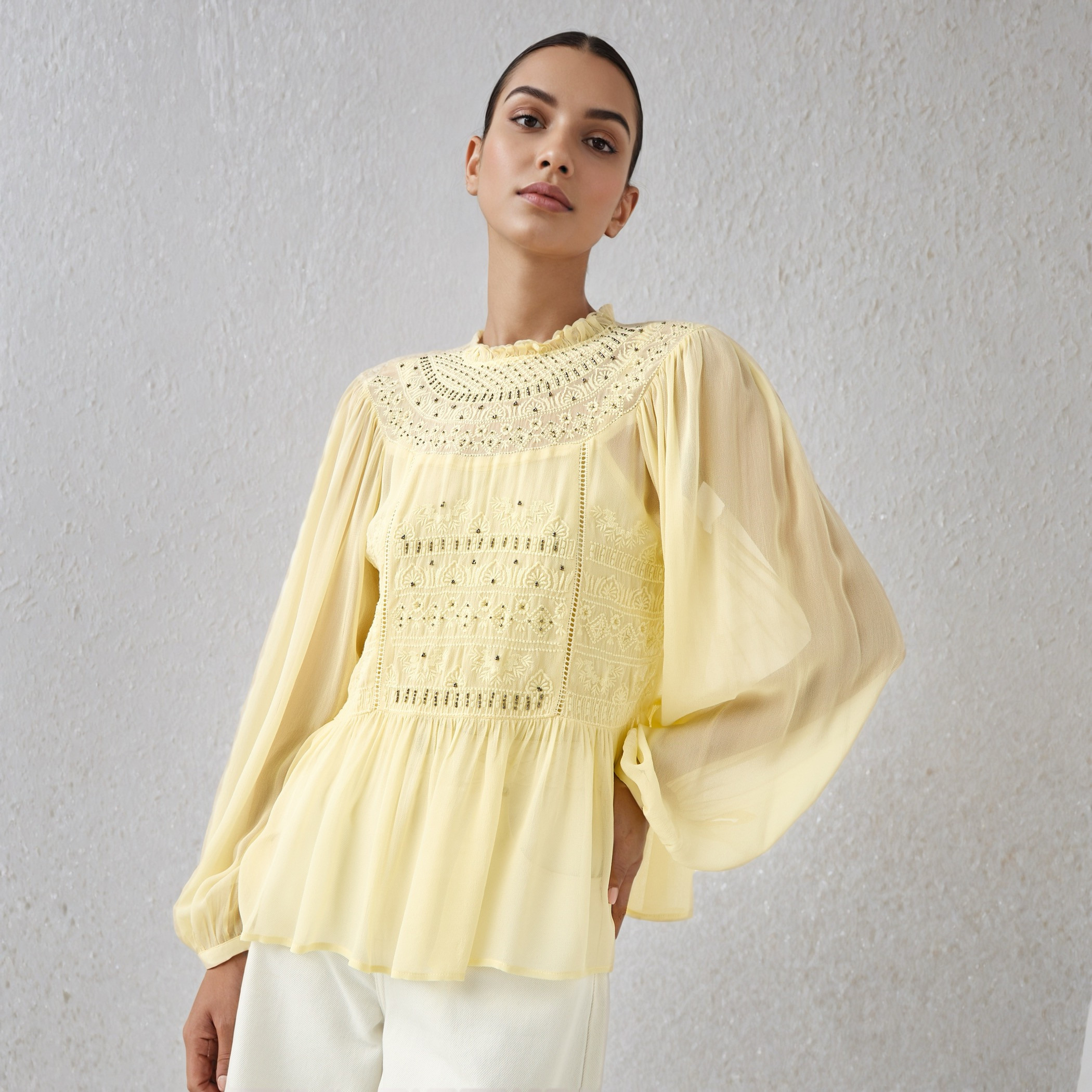 Embroidered Peplum Top with Piecrust Neck-women-clothing-shirtsandblouses-blouses-image-1