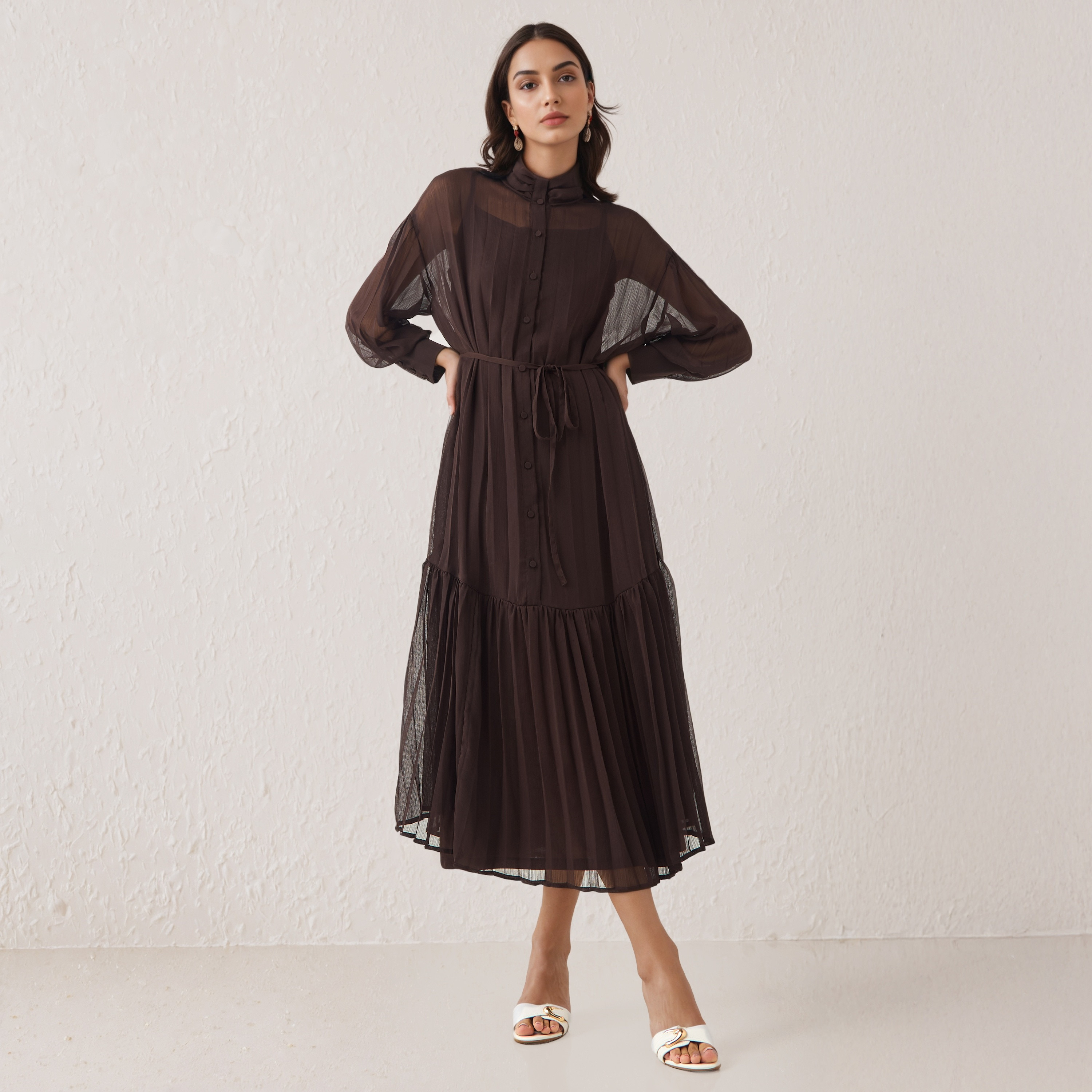 Pleated Shirt Dress with Tie-Up Belt-women-clothing-dresses-image-1
