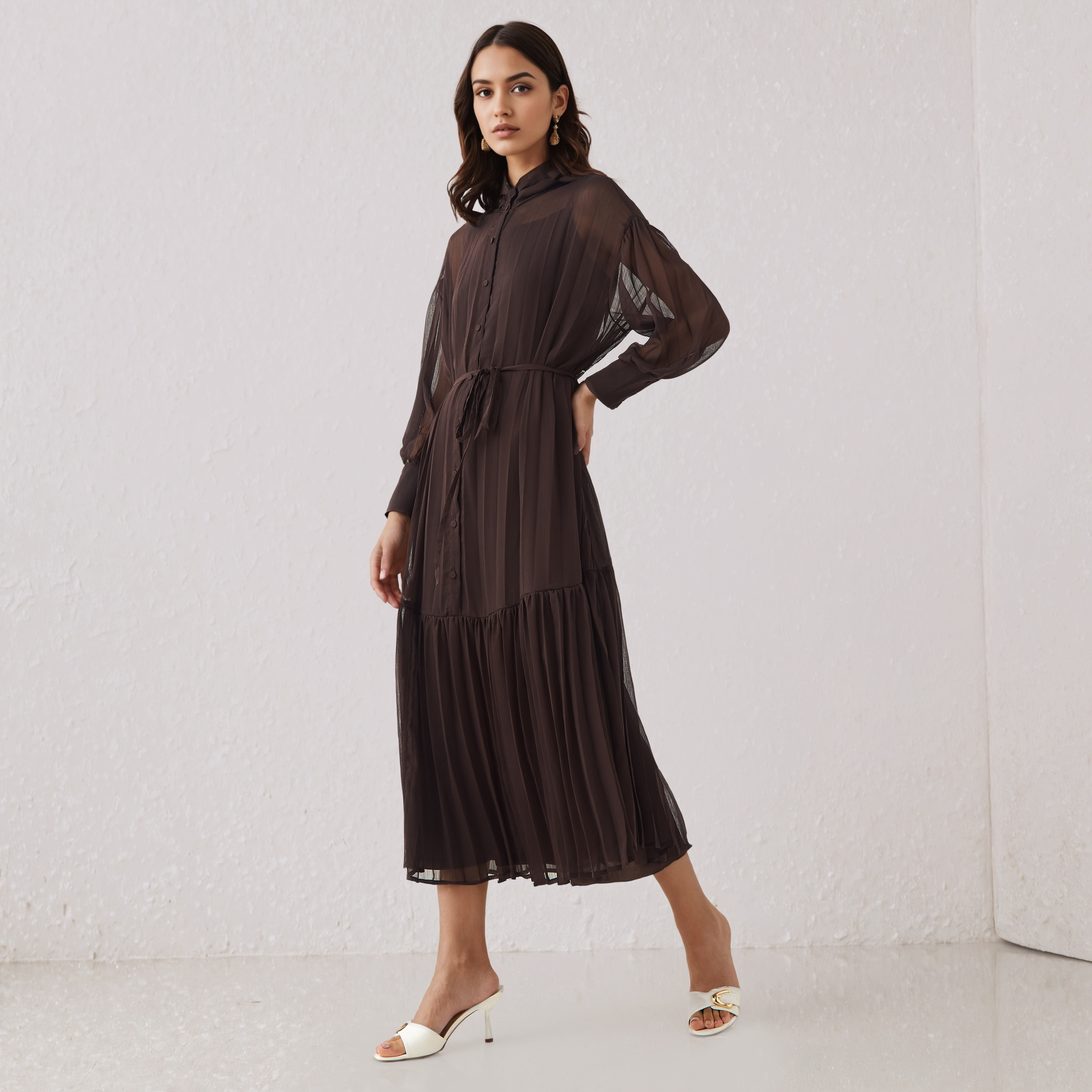 Pleated Shirt Dress with Tie-Up Belt-women-clothing-dresses-image-2