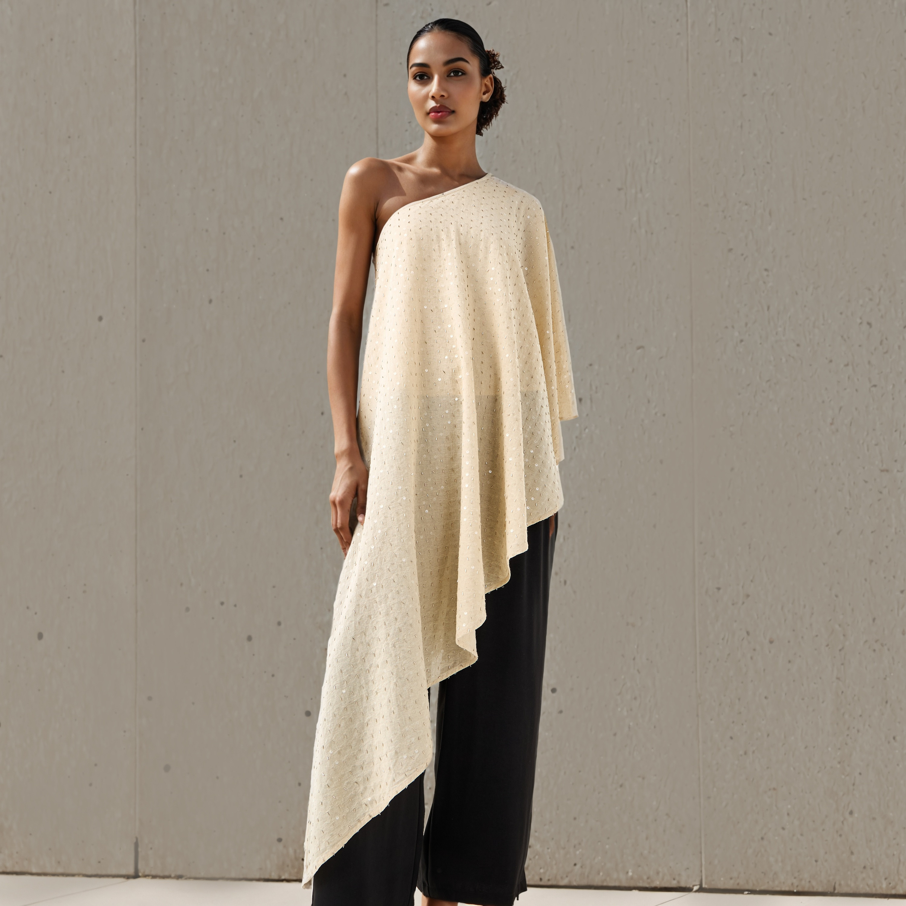 One Shoulder Asymmetric Linen Blend Cape Top-women-clothing-shirtsandblouses-blouses-image-1