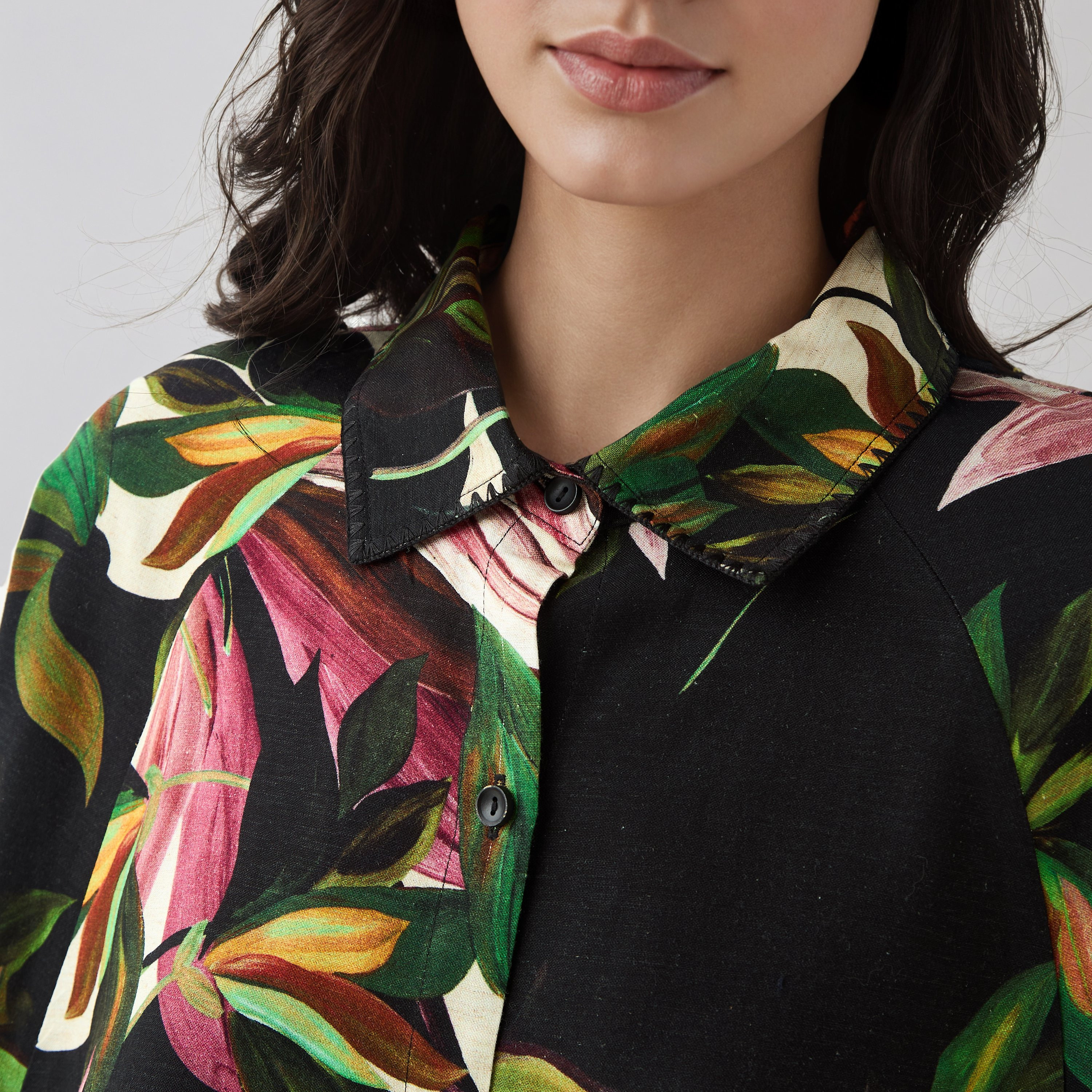 Floral Print Trapeze Linen Blend Shirt with Short Sleeves-women-clothing-shirtsandblouses-shirts-image-4
