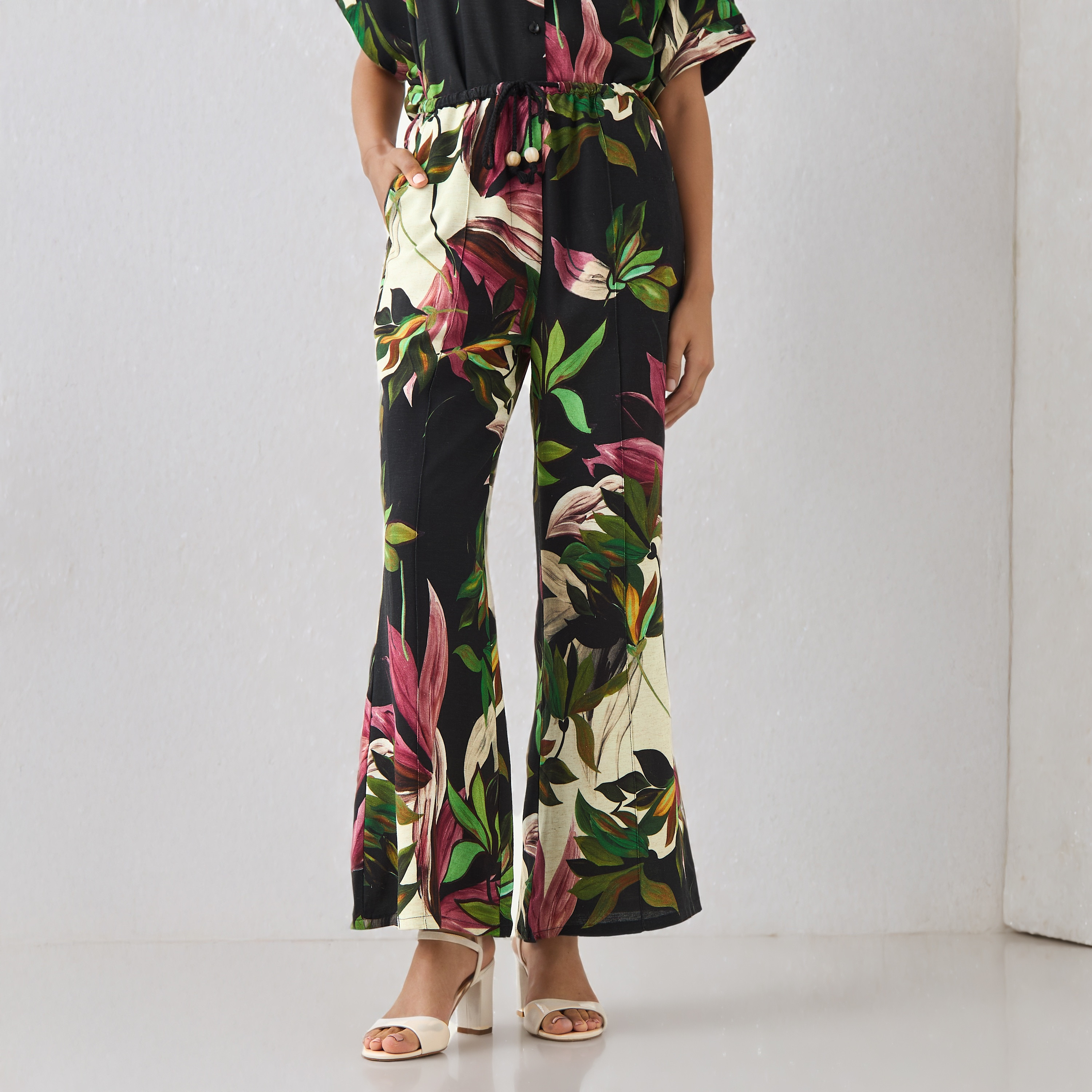 Flared Drawstring Waist Floral Print Linen Blend Pants-women-clothing-bottoms-trousers-image-1