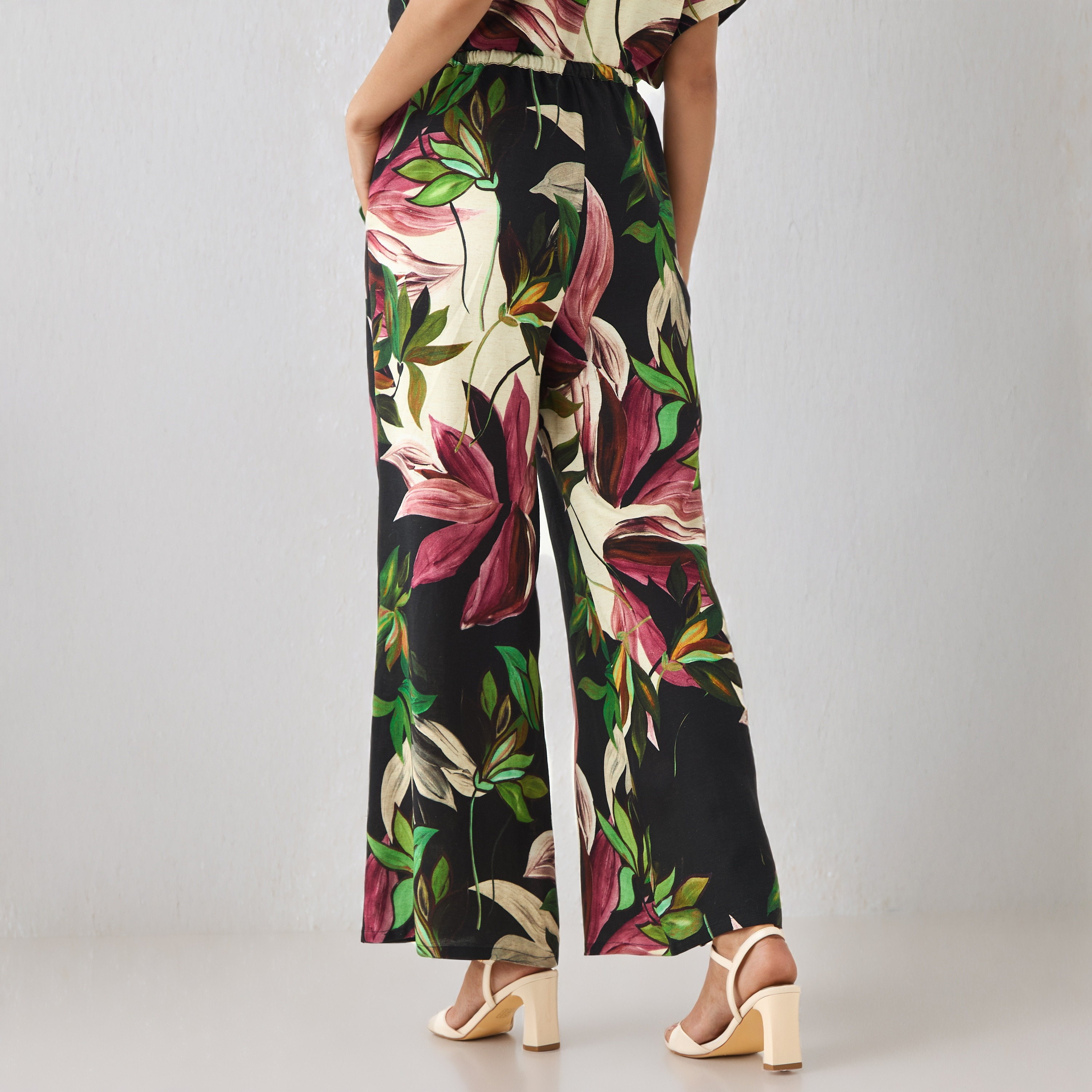 Flared Drawstring Waist Floral Print Linen Blend Pants-women-clothing-bottoms-trousers-image-3