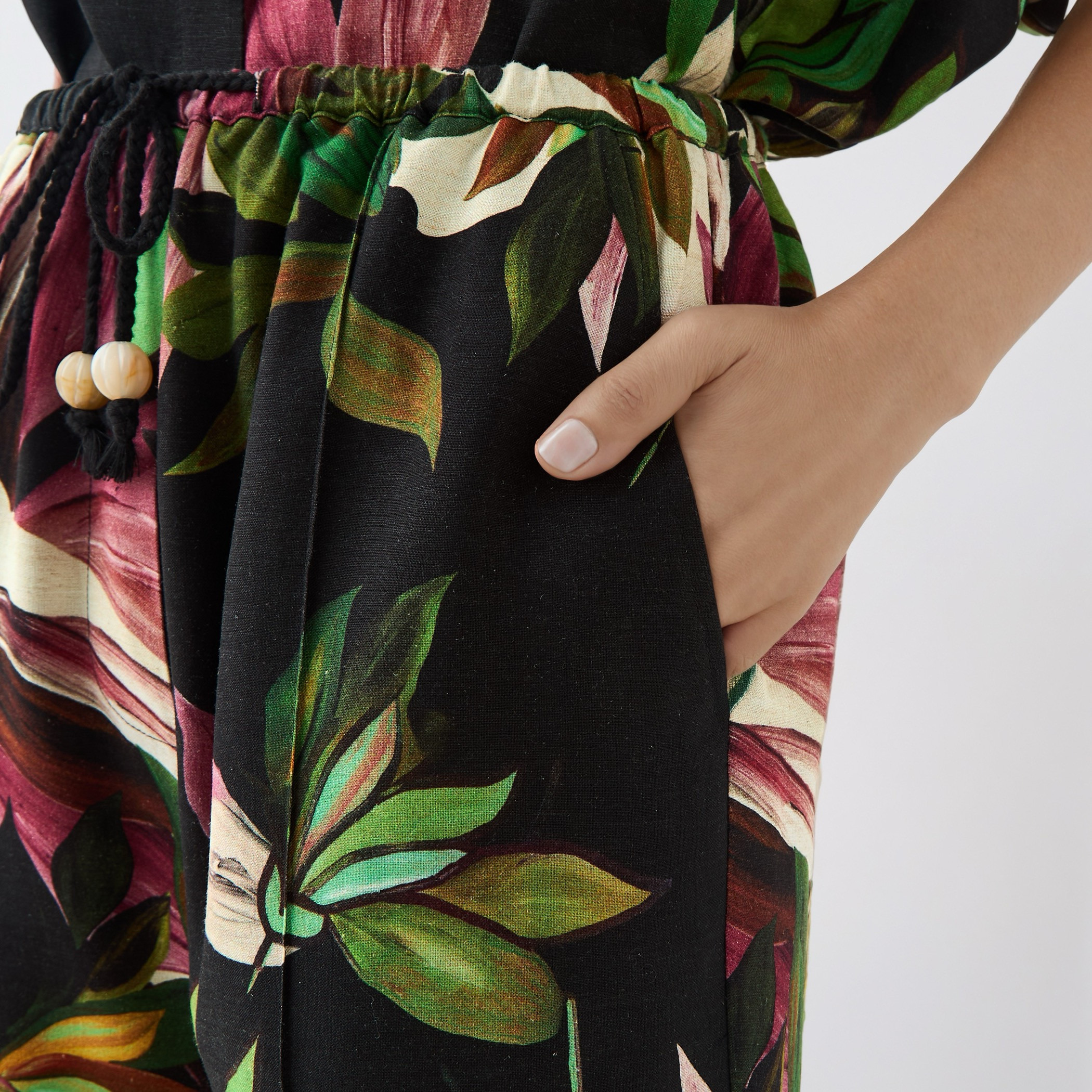 Flared Drawstring Waist Floral Print Linen Blend Pants-women-clothing-bottoms-trousers-image-4