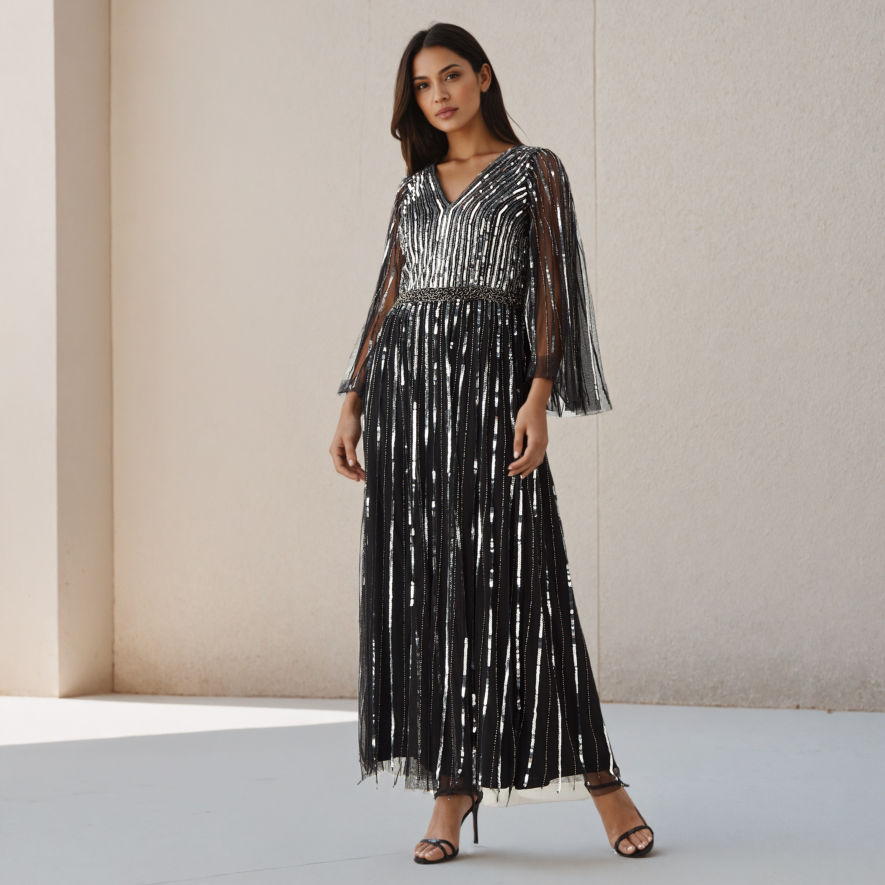 Sequin Embellished Fit and Flare Party Dress with V-neck-women-clothing-dresses-image-1