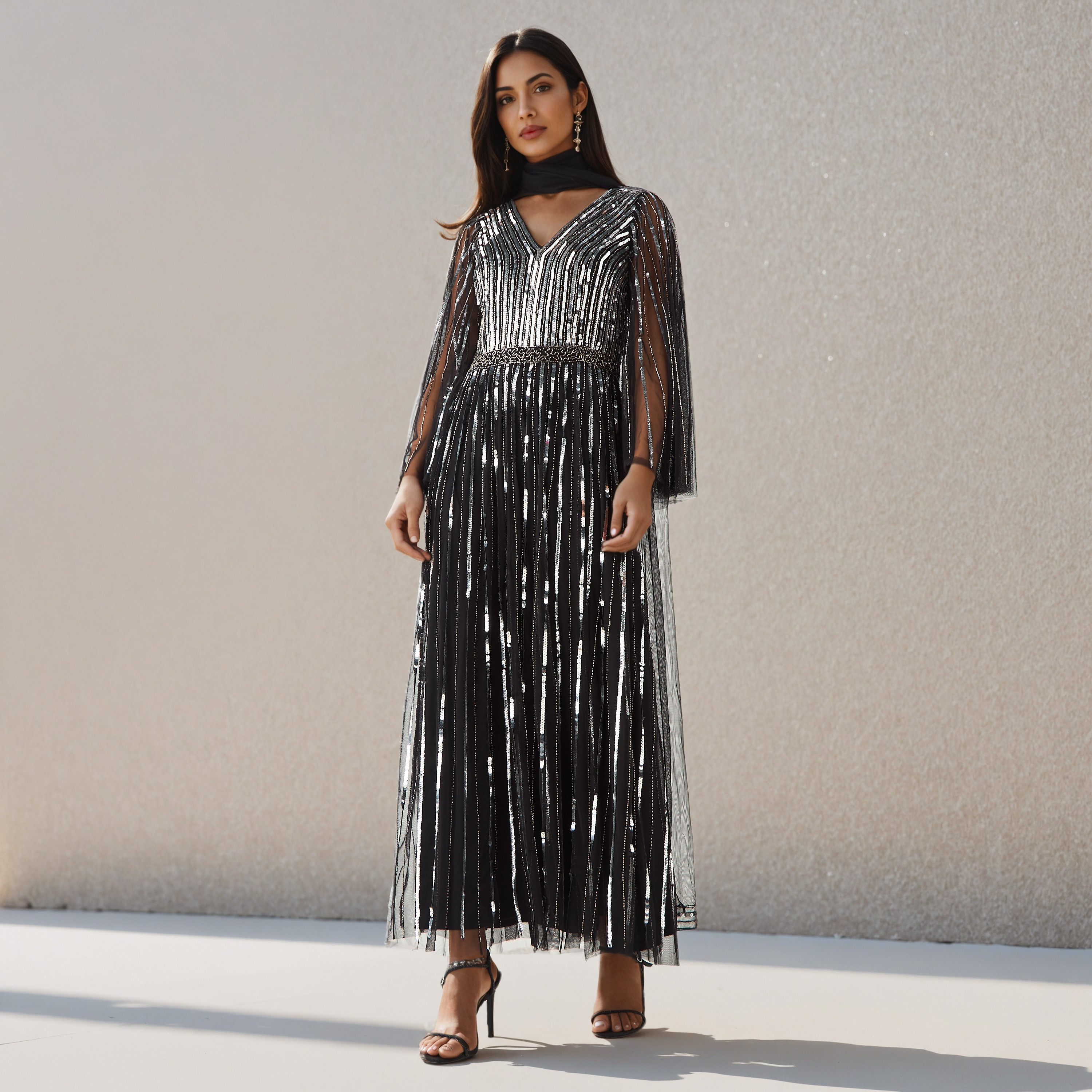 Sequin Embellished Fit and Flare Party Dress with V-neck-women-clothing-dresses-image-2
