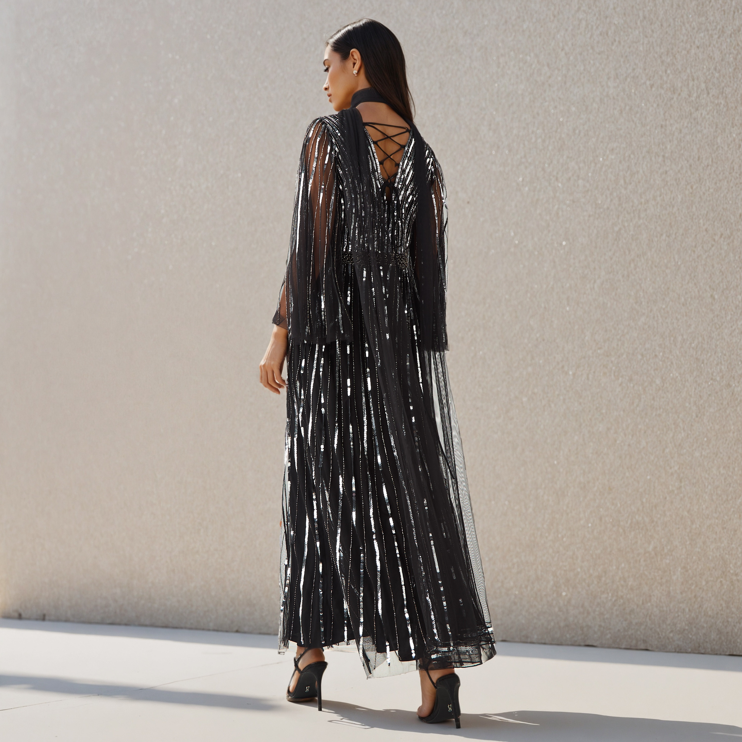 Sequin Embellished Fit and Flare Party Dress with V-neck-women-clothing-dresses-image-3