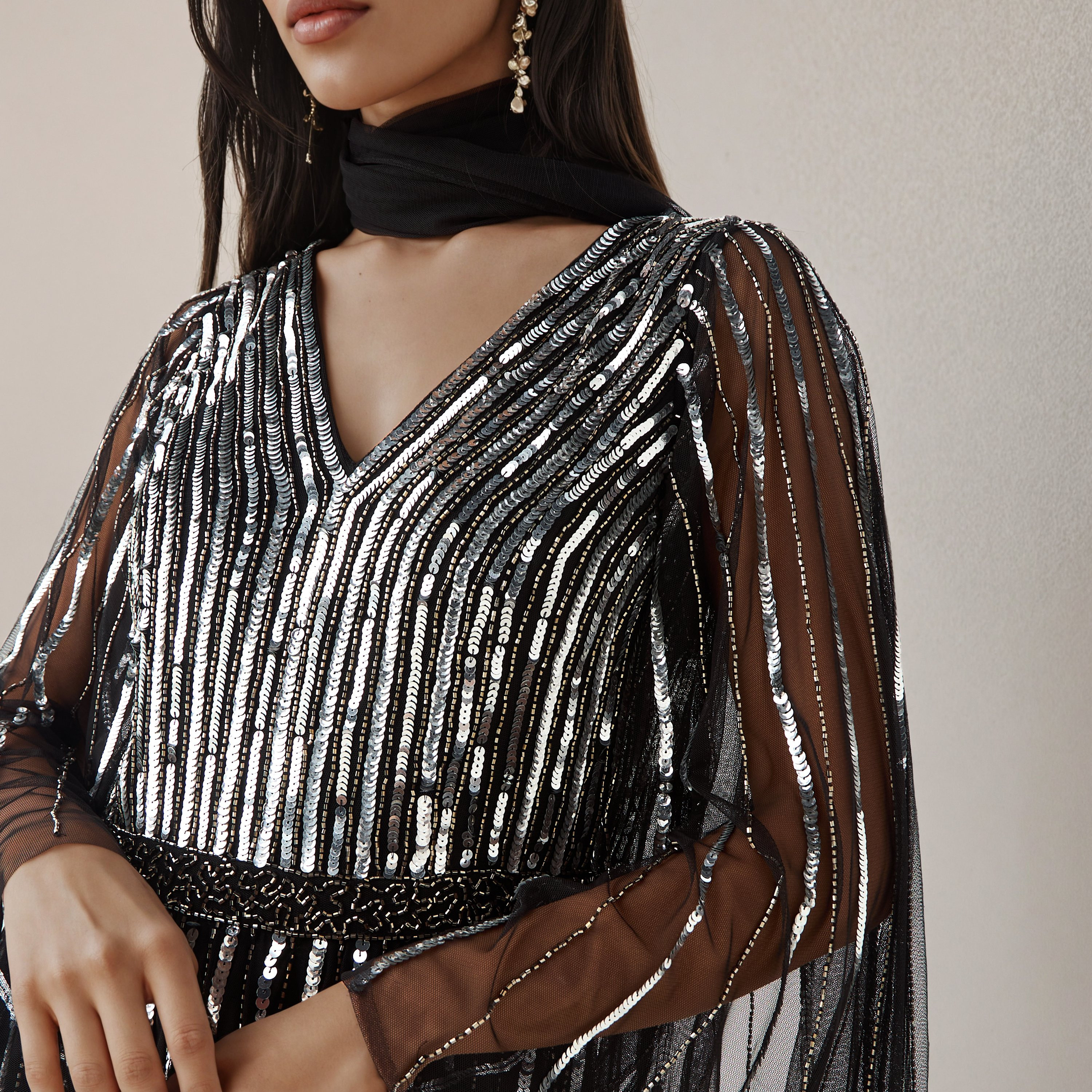 Sequin Embellished Fit and Flare Party Dress with V-neck-women-clothing-dresses-image-4