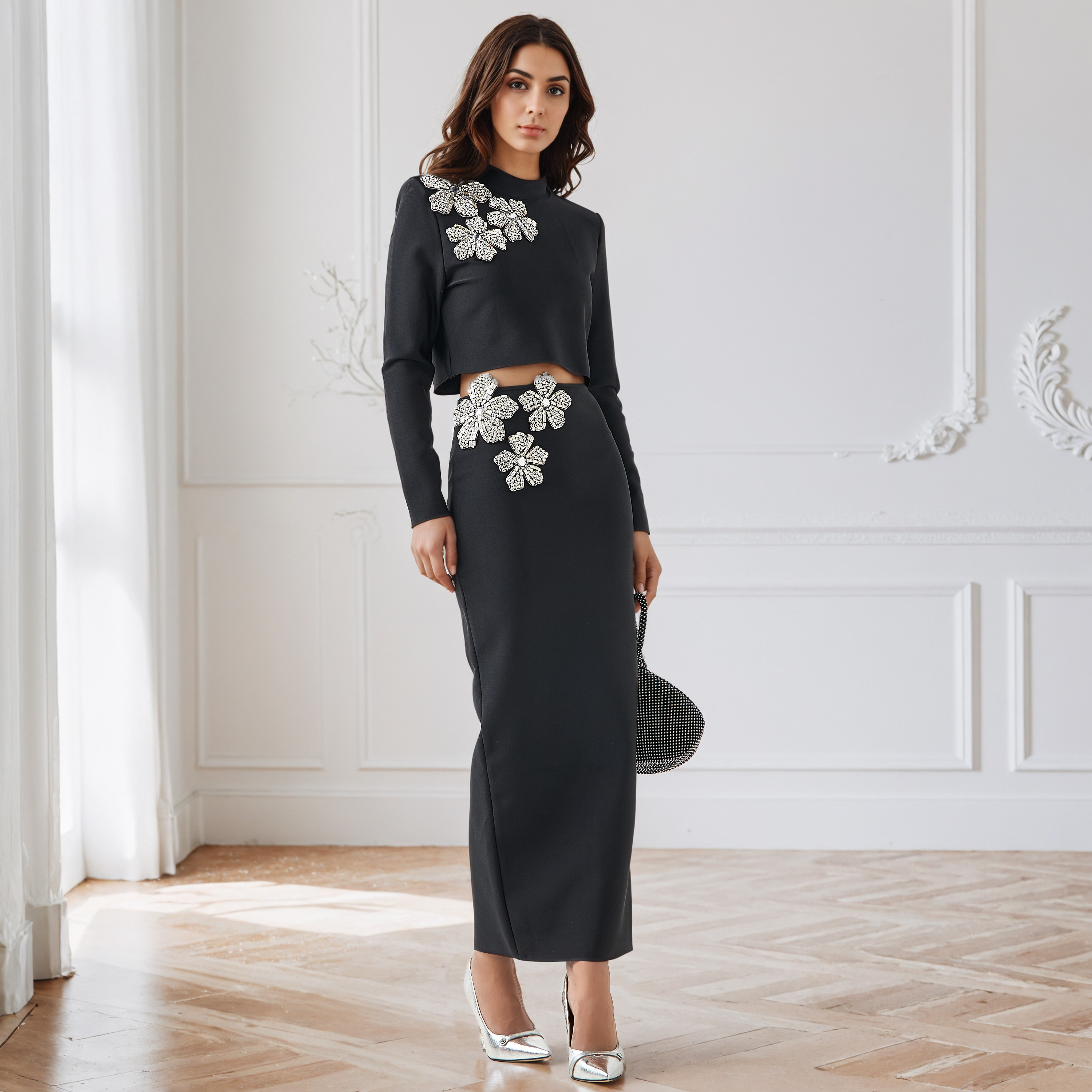 Maxi Polyester Floral Embellished Pencil Skirt with Zip Closure-women-clothing-bottoms-skirts-image-2