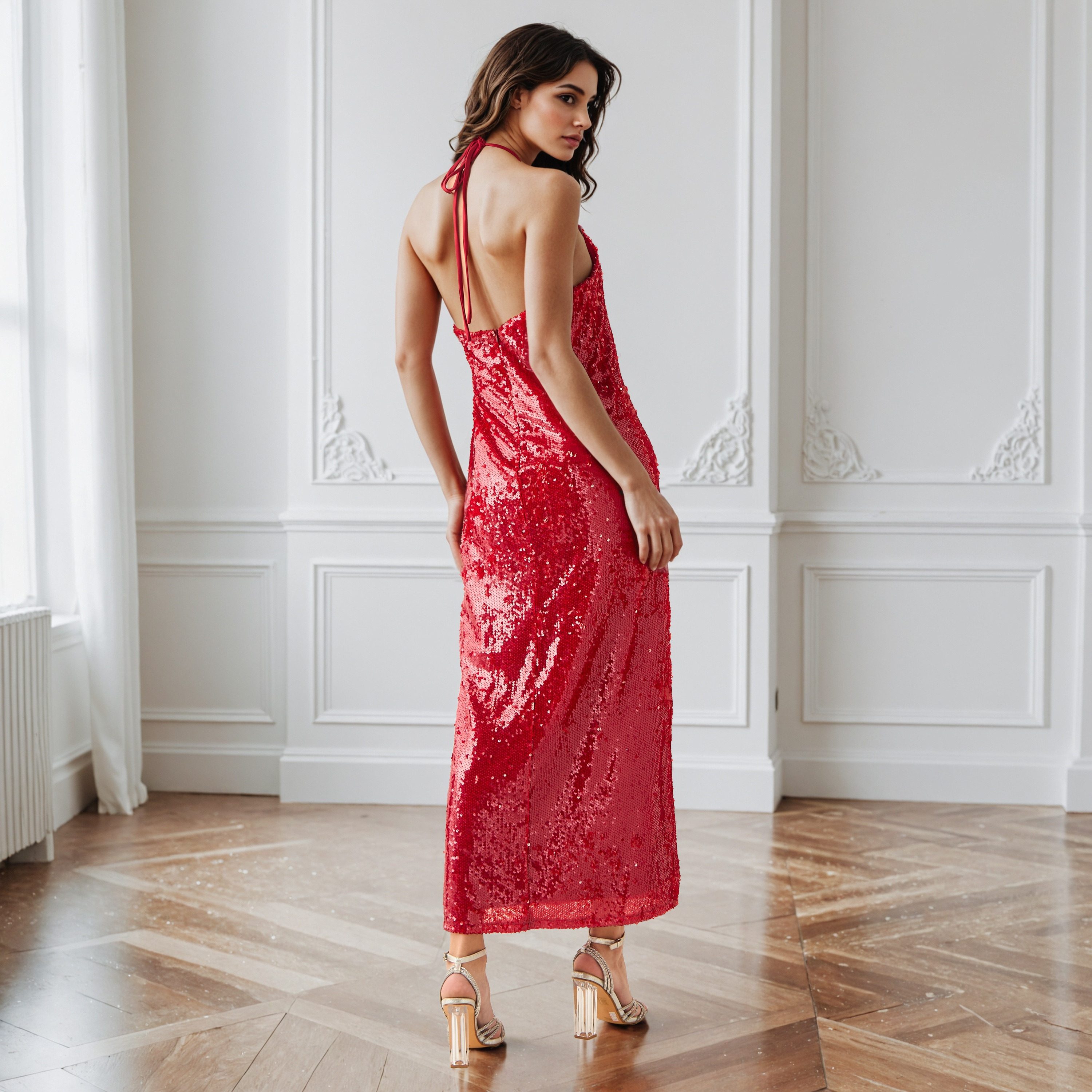 Sequin Embellished Sleeveless Party Dress with Halter Neck-women-clothing-dresses-image-3