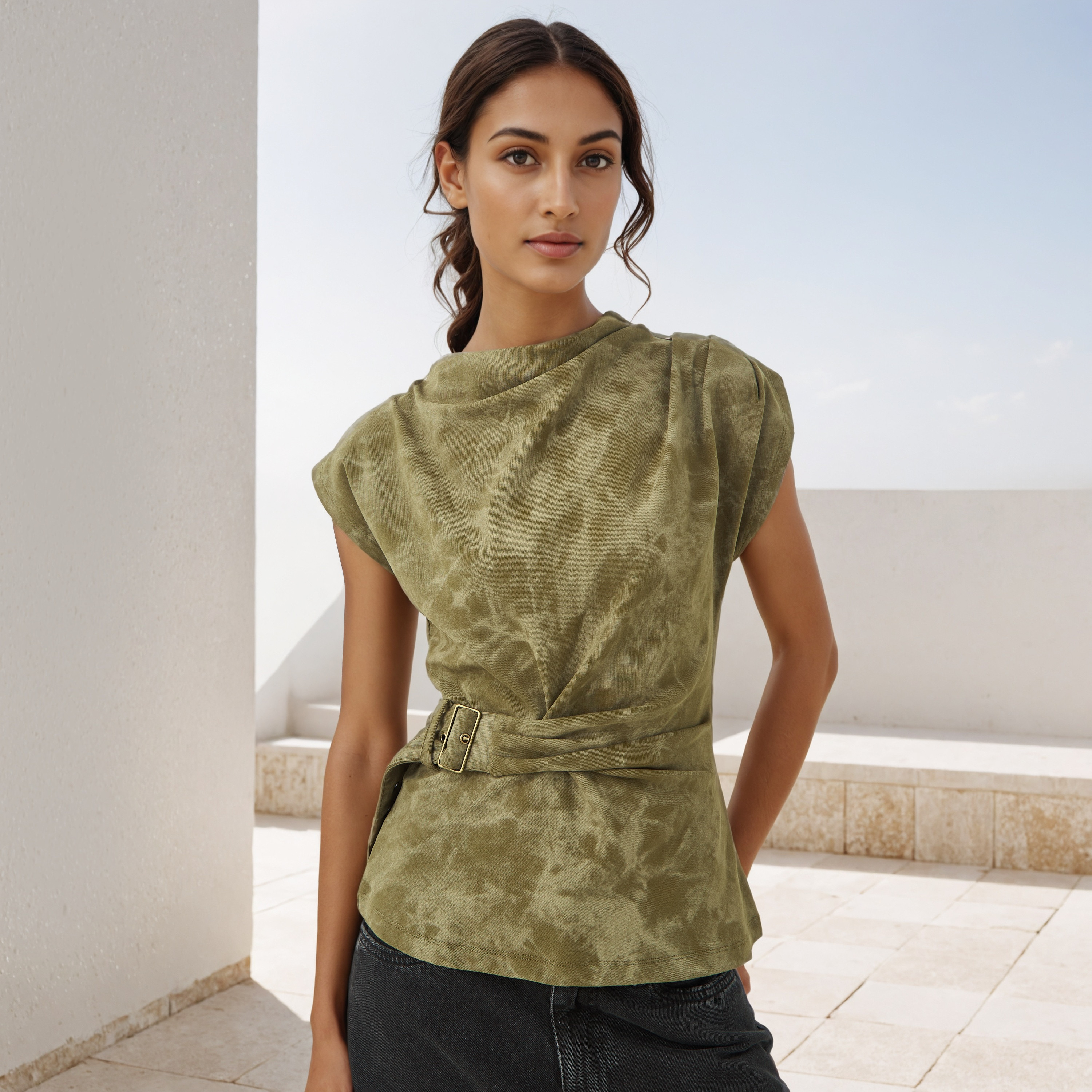 Printed Draped Top with Buckle Accent-women-clothing-shirtsandblouses-blouses-image-1