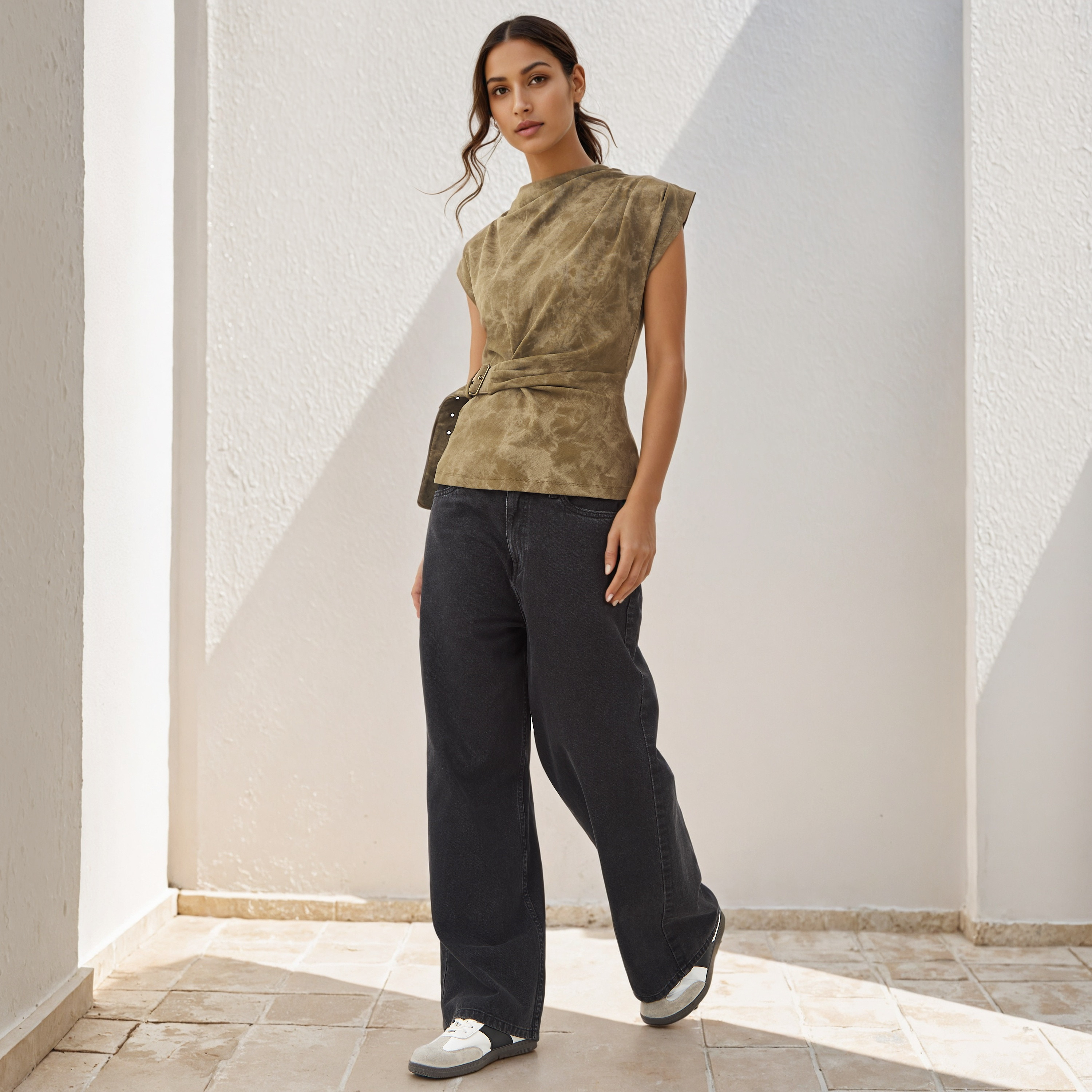 Printed Draped Top with Buckle Accent-women-clothing-shirtsandblouses-blouses-image-2