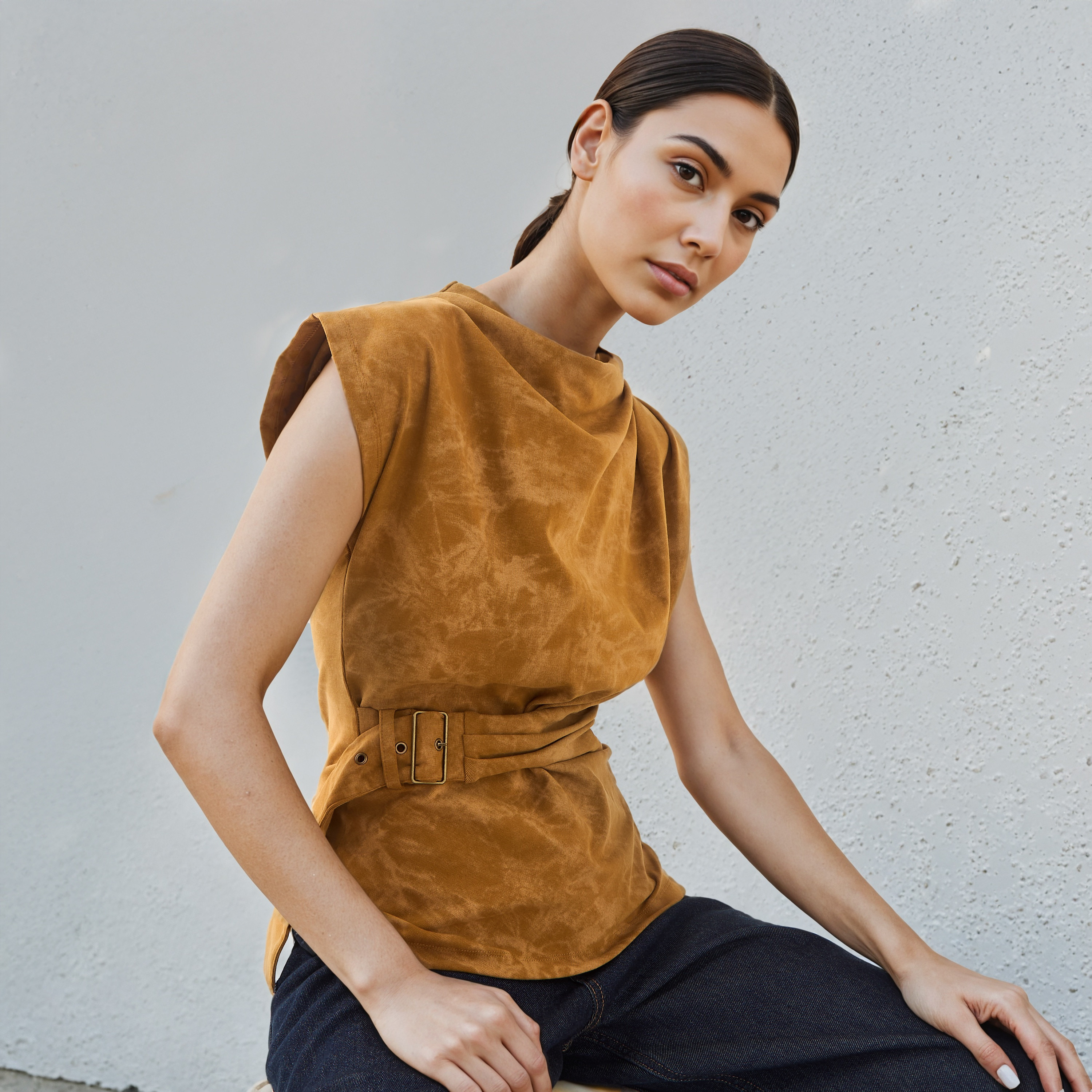 Printed Draped Top with Buckle Accent-women-clothing-shirtsandblouses-blouses-image-1