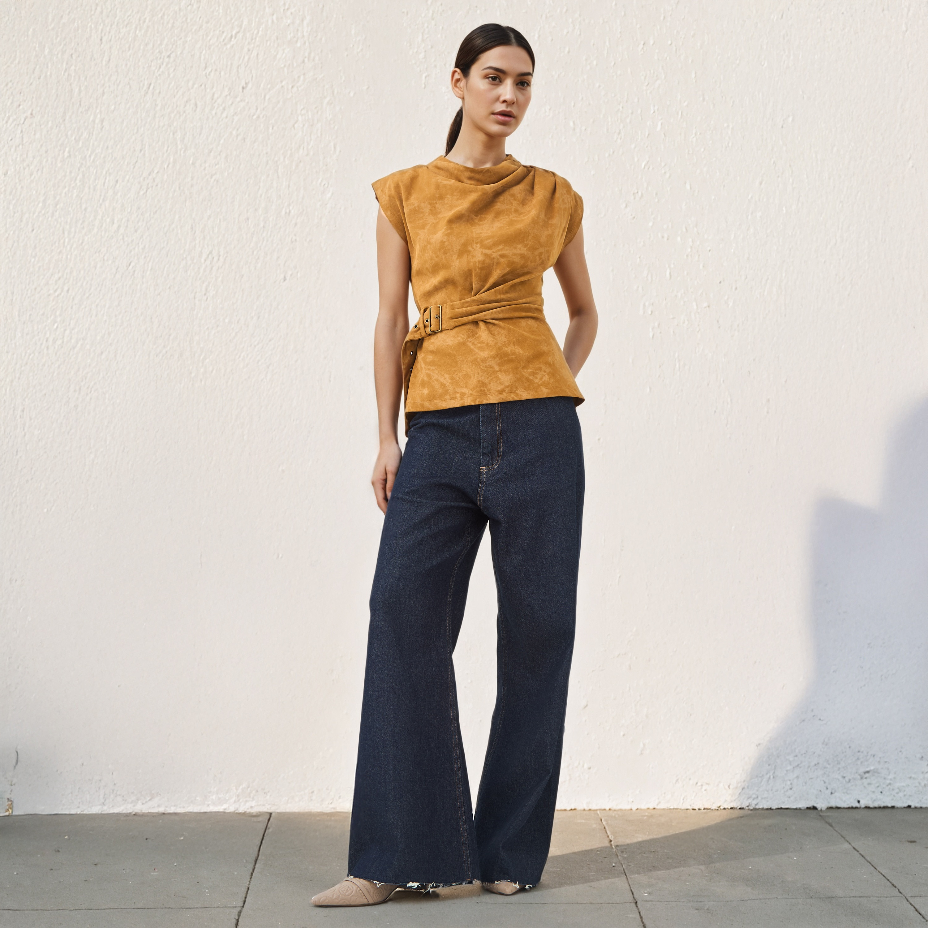 Printed Draped Top with Buckle Accent-women-clothing-shirtsandblouses-blouses-image-2