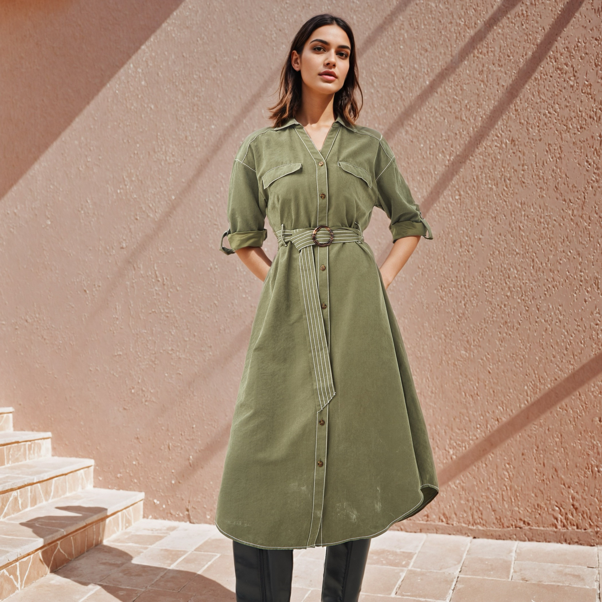 Belted Button Down Shirt Dress-women-clothing-dresses-image-1