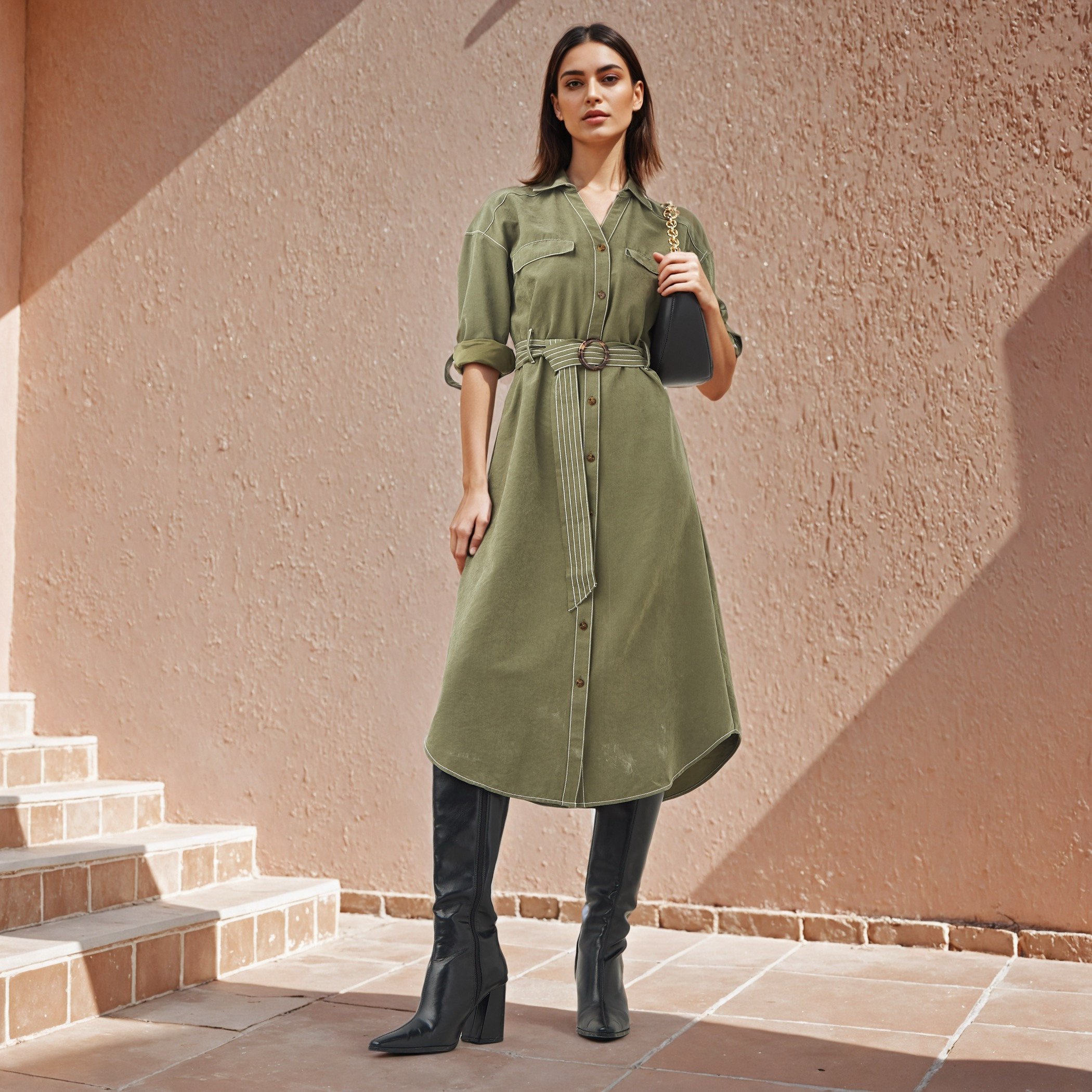 Belted Button Down Shirt Dress-women-clothing-dresses-image-2