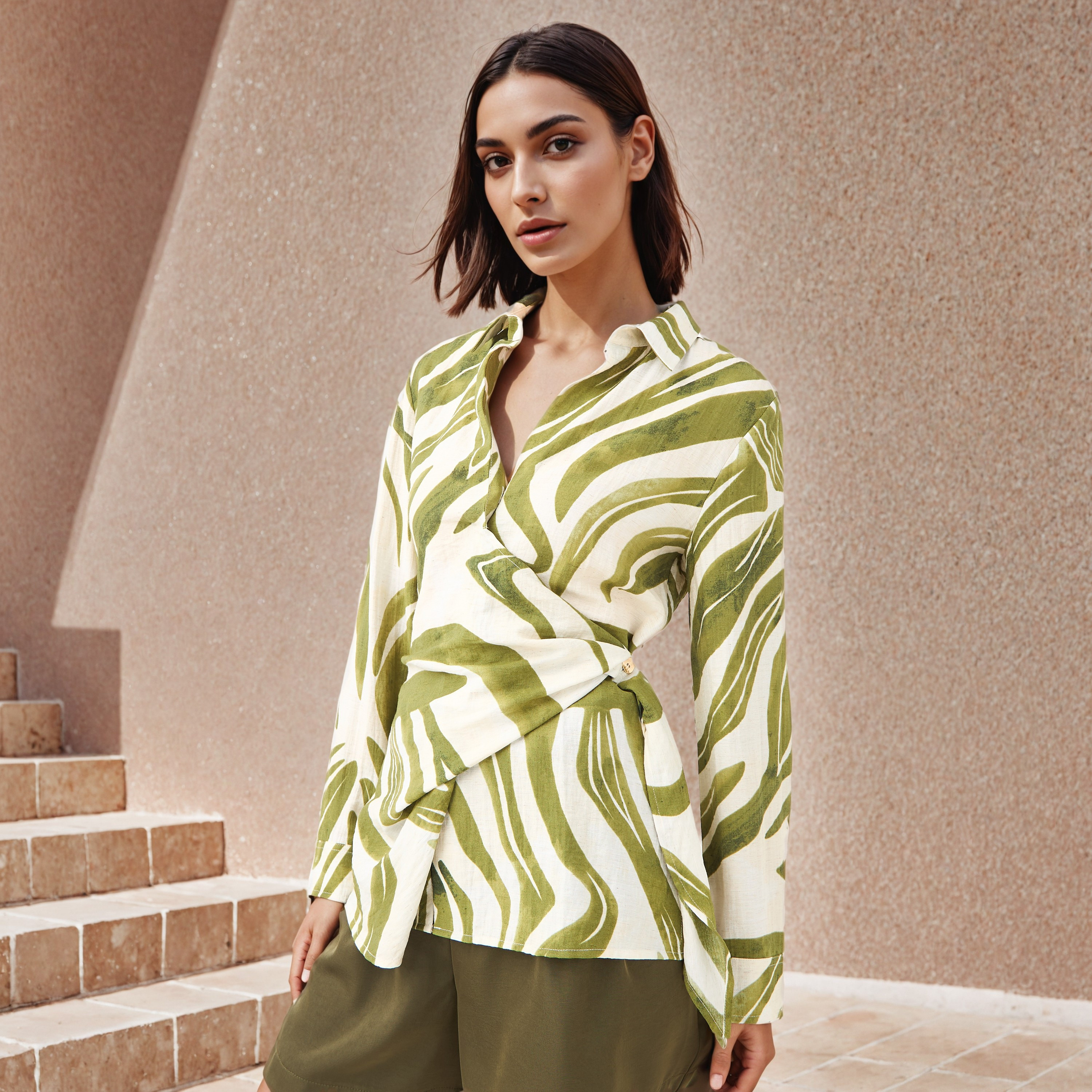Relaxed Fit Printed Collared Wrap Linen Blend Top-women-clothing-shirtsandblouses-blouses-image-1