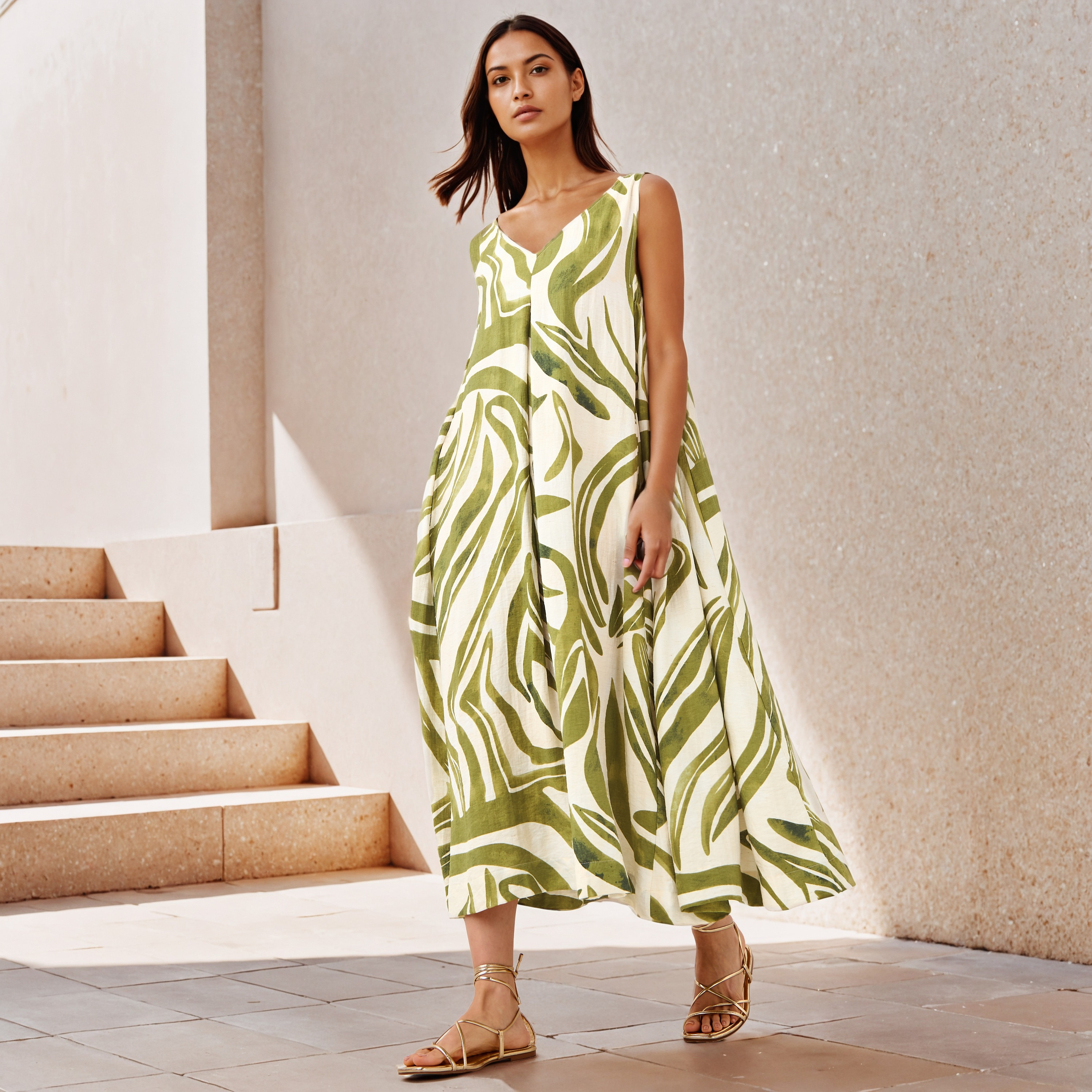 Printed A-line Sleeveless Linen Blend Maxi Dress-women-clothing-dresses-image-1