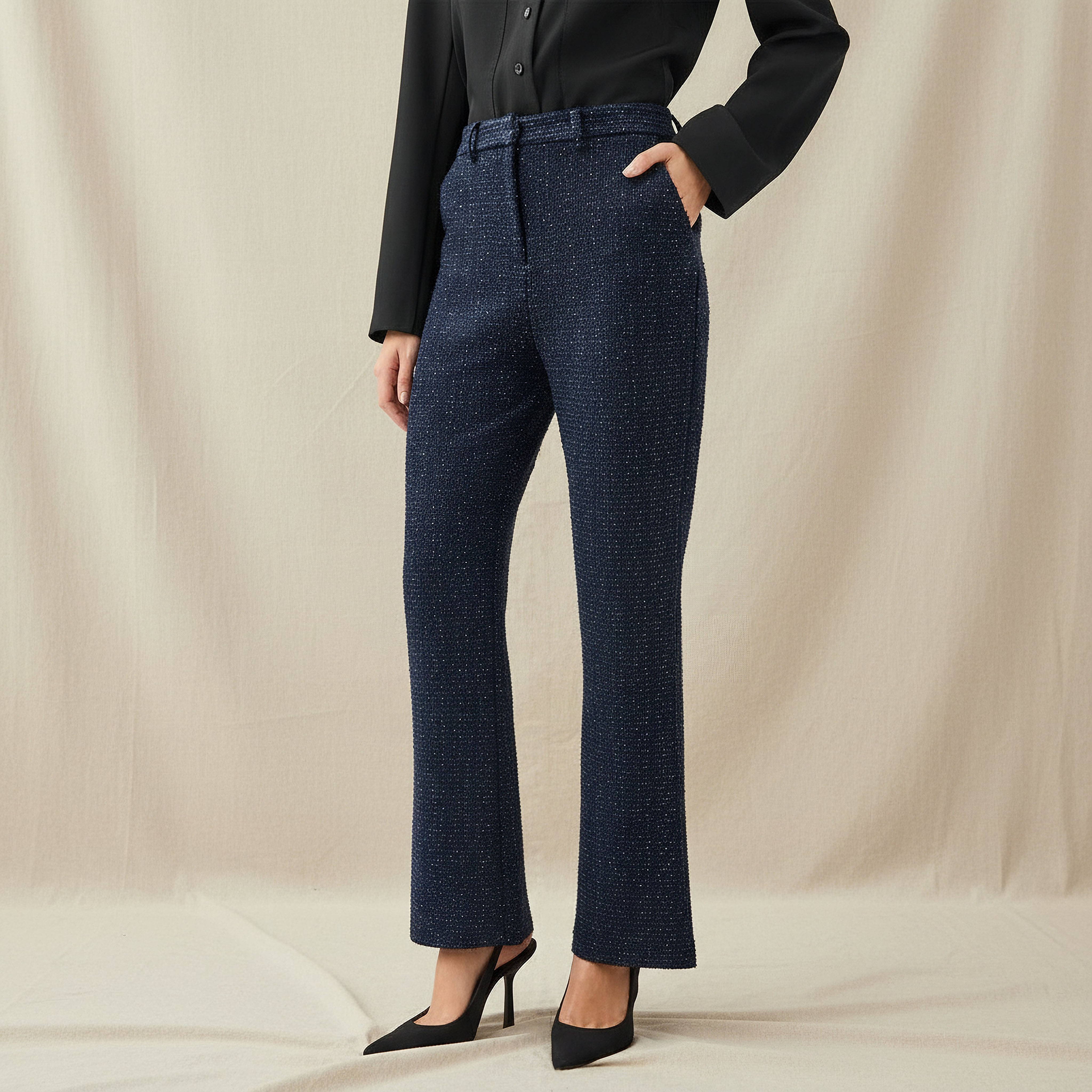Bootcut Textured Tweed Lurex Trousers-women-clothing-bottoms-trousers-image-1