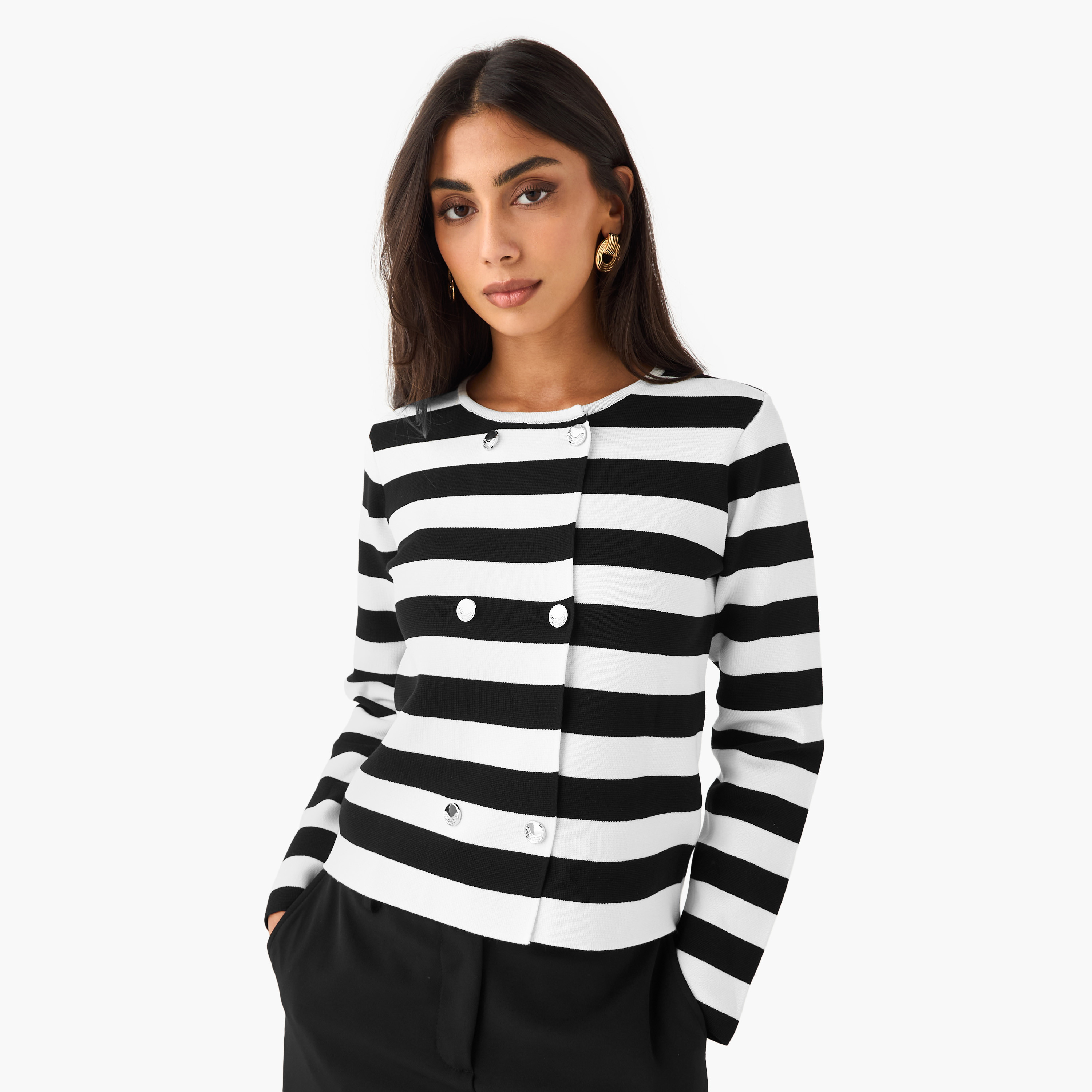 Regular Fit Striped Round Neck Cardigan-women-winterwear-cardigansandjumpers-cardigans-image-2
