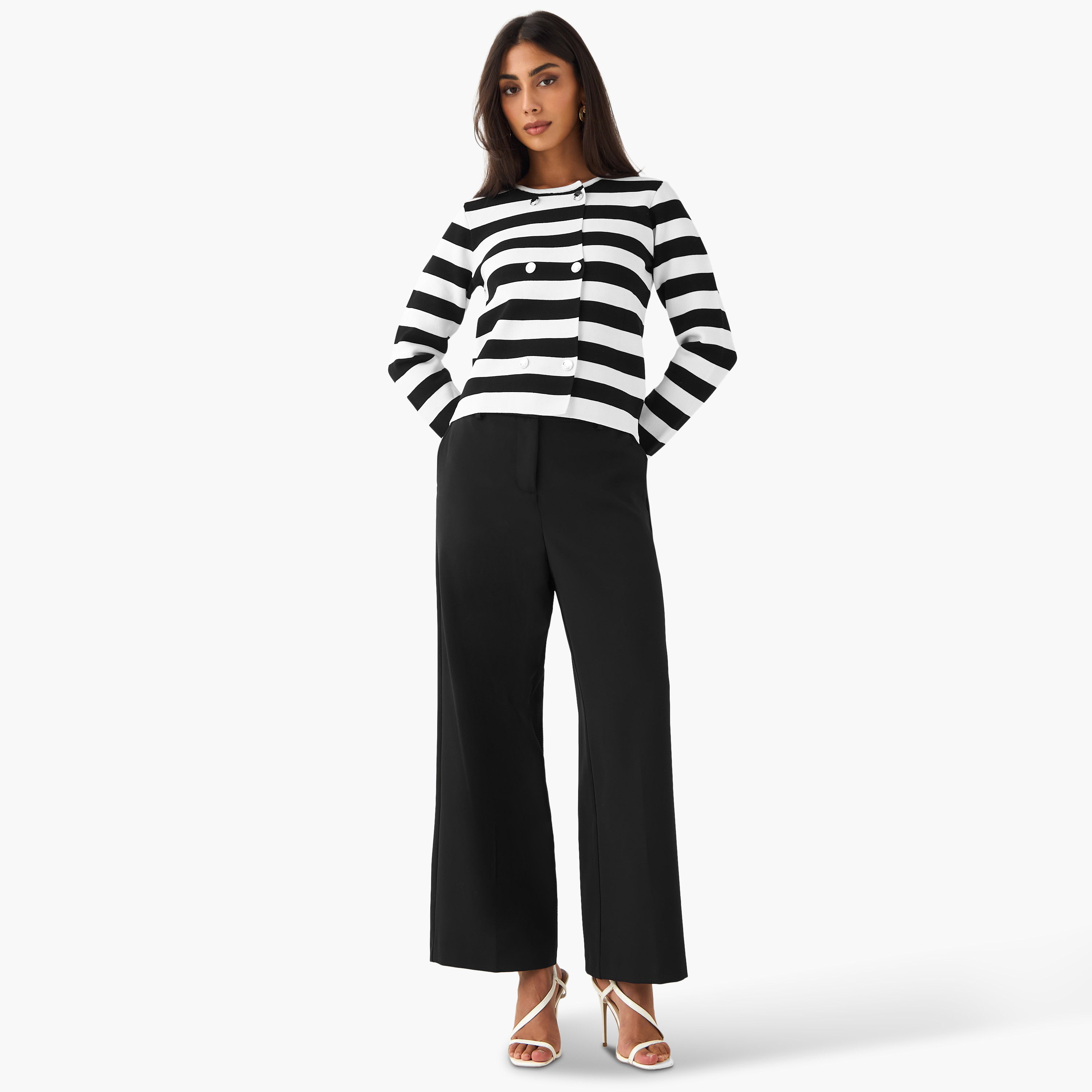 Regular Fit Striped Round Neck Cardigan-women-winterwear-cardigansandjumpers-cardigans-image-3