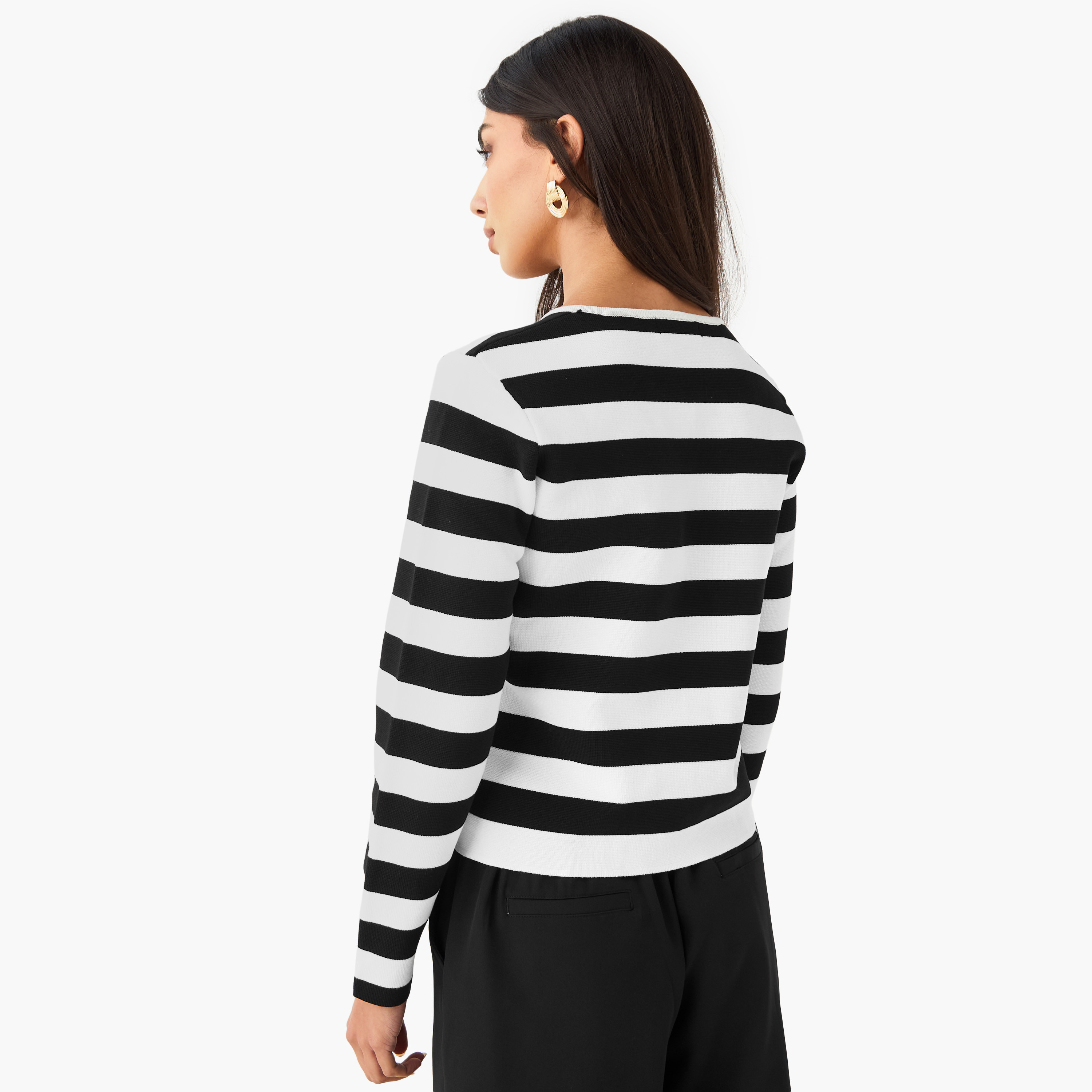 Regular Fit Striped Round Neck Cardigan-women-winterwear-cardigansandjumpers-cardigans-image-5