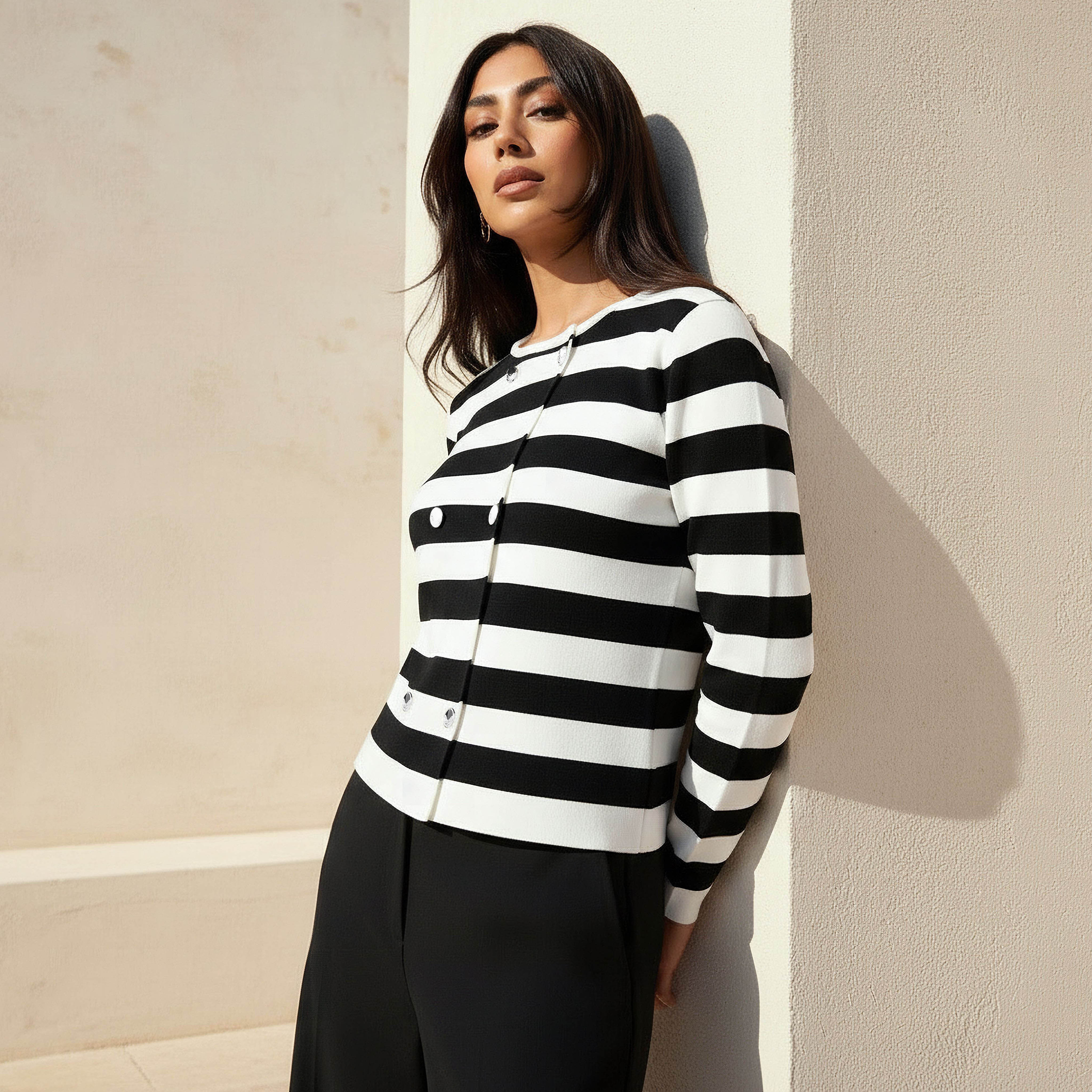 Regular Fit Striped Round Neck Cardigan-women-winterwear-cardigansandjumpers-cardigans-image-1