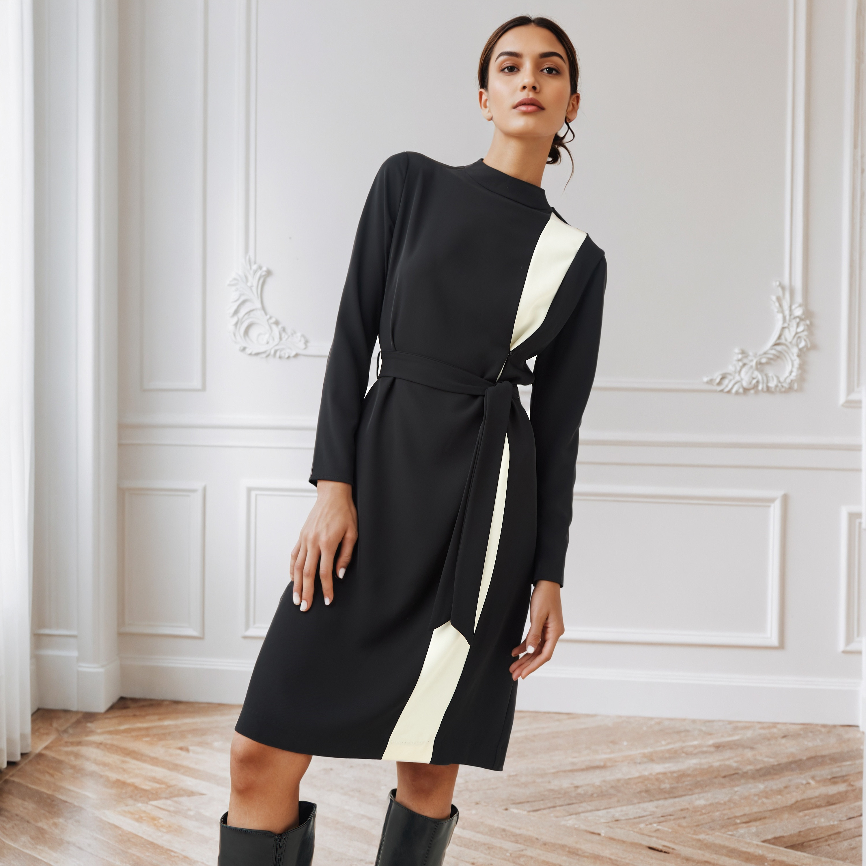 Colourblock Midi Dress with Slit Detail-women-clothing-dresses-image-1