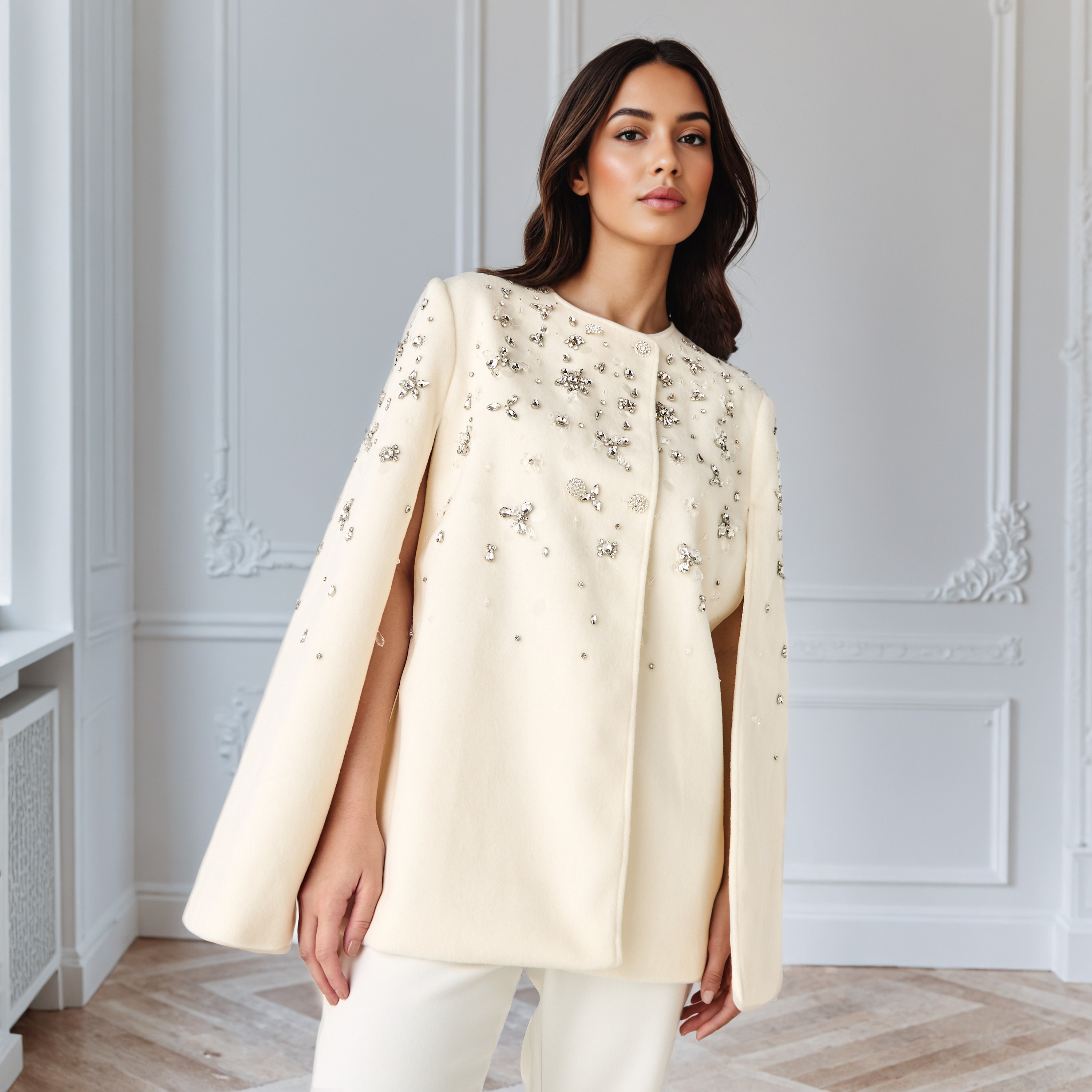 Crystal Embellished Linen Blend Cape Jacket with Slit Sleeves-women-clothing-shirtsandblouses-blouses-image-1