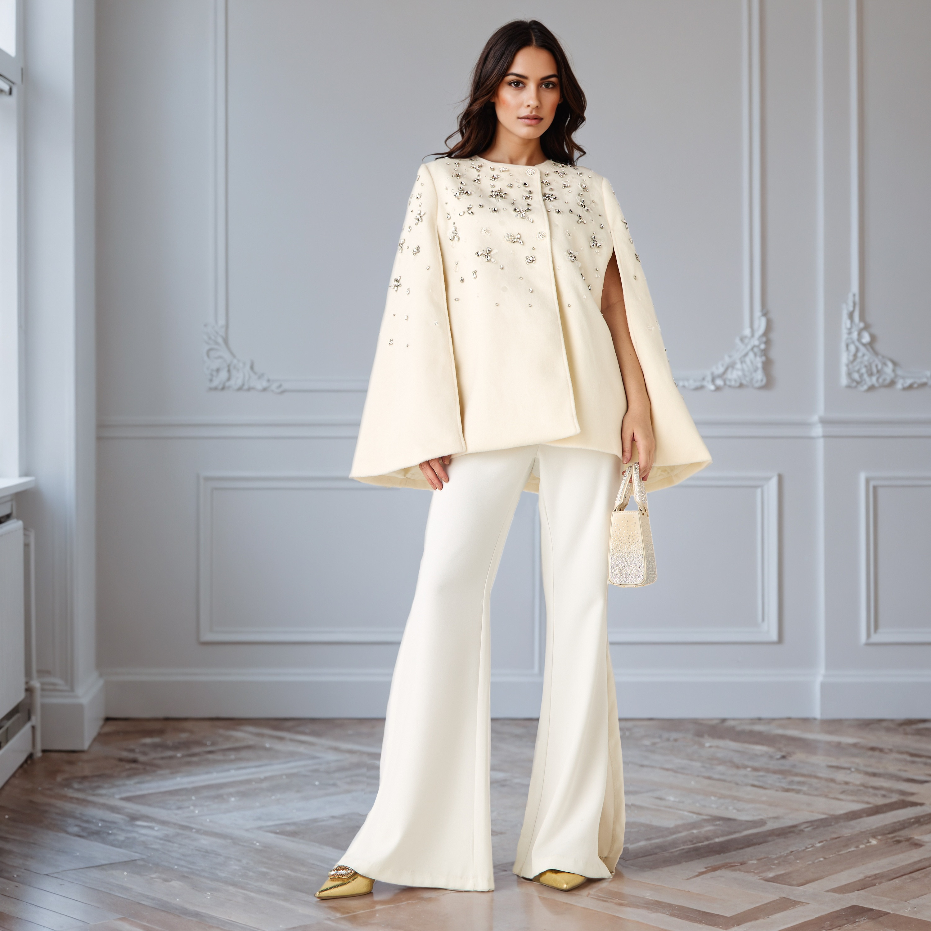 Crystal Embellished Linen Blend Cape Jacket with Slit Sleeves-women-clothing-shirtsandblouses-blouses-image-2